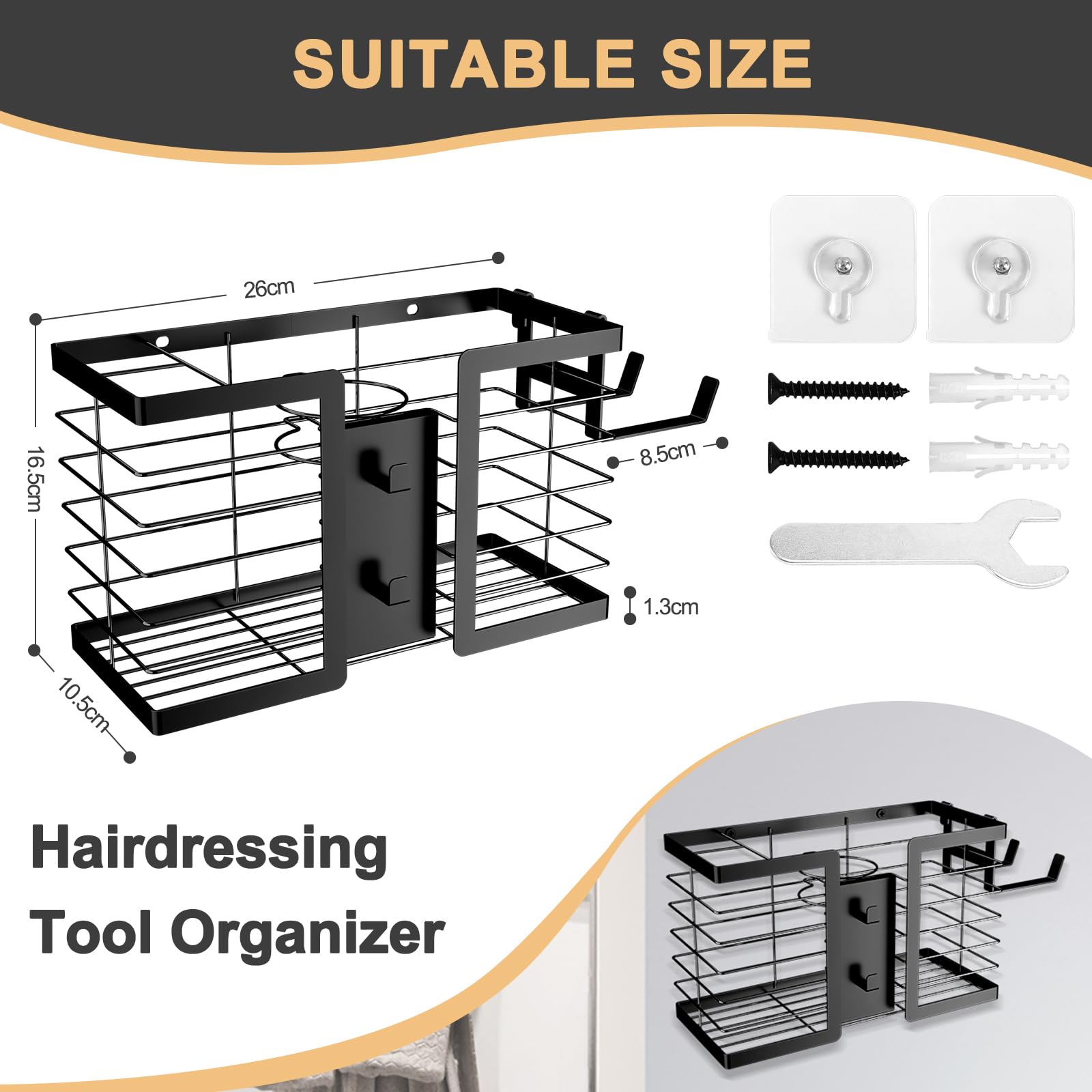 FUNKYLEE Hair Tool Organizer - Hair Dryer Holder, 3 in 1 Metal Bathroom Organizer Wall Mount for Flat Iron, Curling Iron, Straightener, Styling Tools Bathroom Storage and Organizer (Black)