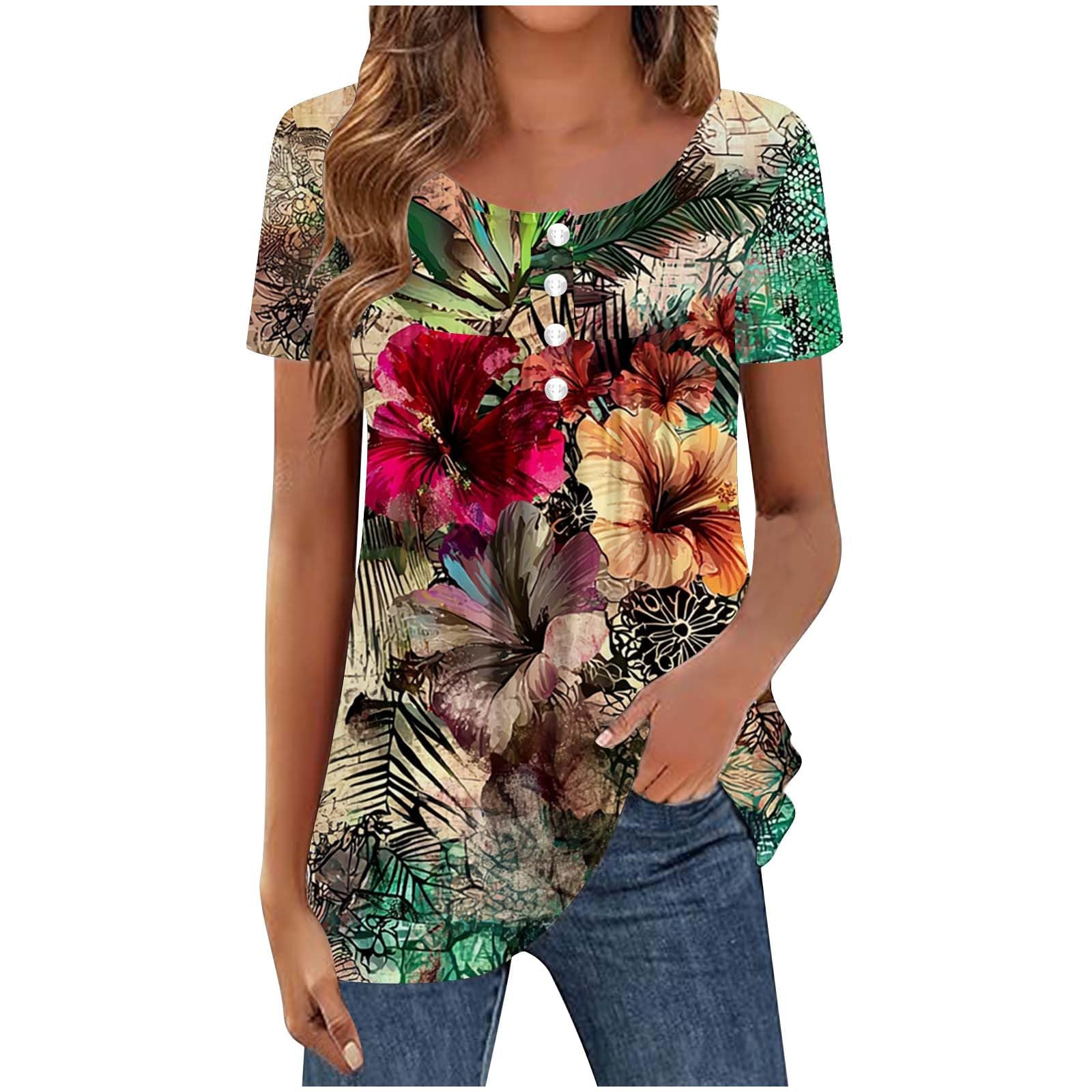 Tunics for Women Trendy Button Crewneck Tops Dressy Short Sleeve Shirts Floral Printed Loose Fit Pleated Boho Tops