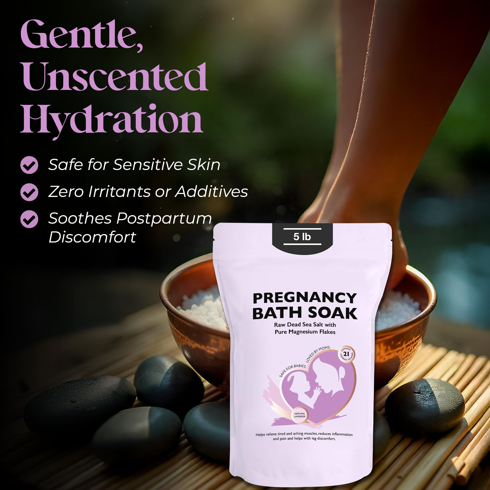 Aromasong Dead Sea Pregnancy Bath Soak 5 LB - Natural Lavender Pure Magnesium Flakes & Minerals - Pregnancy, Postpartum Muscle Ache & Leg Discomfort - Better Absorbs Than Epsom (Packaging May Vary)