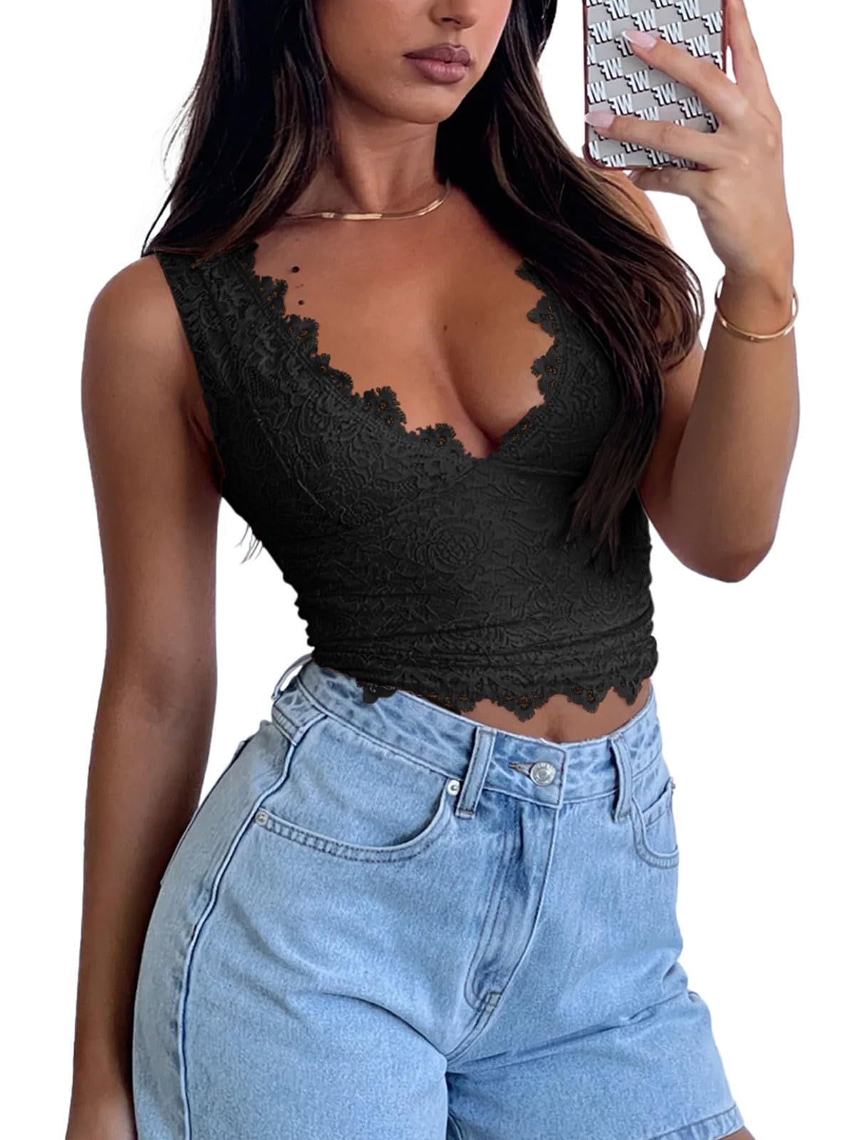 REORIA Womens Summer Tops Sexy V-Neck Sleeveless Double Lined Fashion Going Out Y2K Tank Tops Trendy Lace Slimming Crop Tops for Teen Girls Black Medium