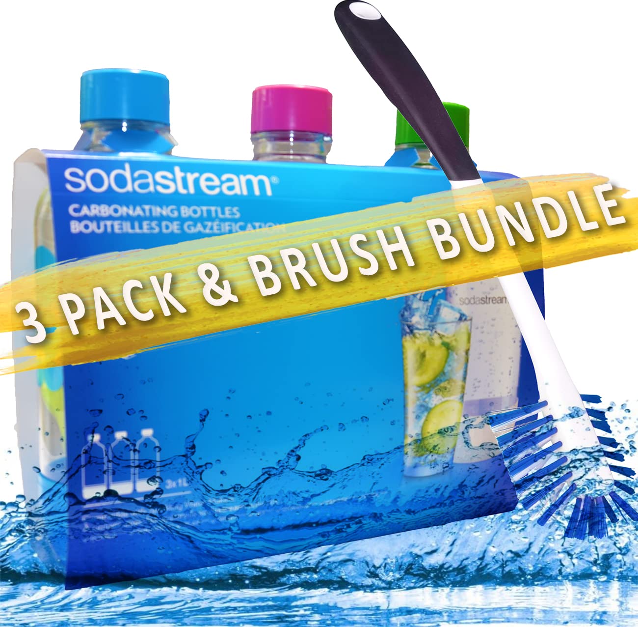 Soda Stream 3 Pack Original Sodastream Reusable Sparkling Water Carbonating Bottles 1L 1 Liter Bundle with Kidscare 14 inch Bottle Cleaning Brush