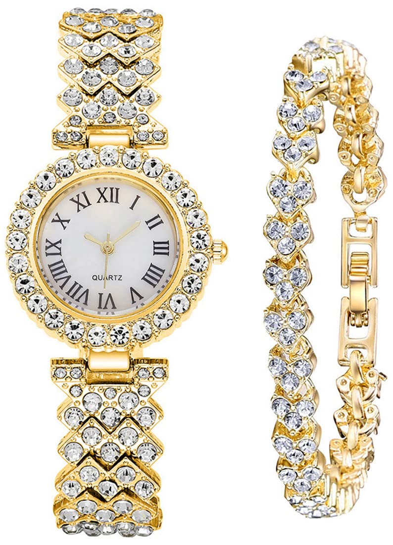 Women Diamond Watchs Luxury Fashion Ladies Bangle Bracelet Set Wrist Watch Female Dress Watch (Silver) (Gold)