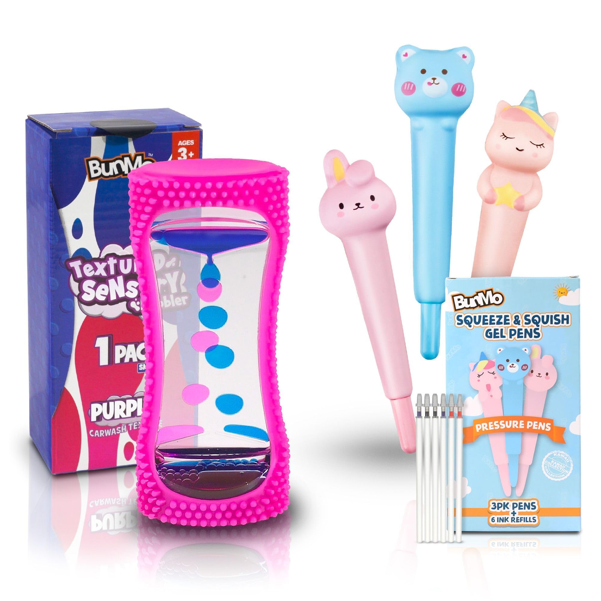 BUNMO Bundles Bubblers and Pens - 3 Pens & 6 Refills - Bubble Timer - Liquid Motion Sensory Toys for Sensory Exploration - Kids Stationary & Pens for Girls
