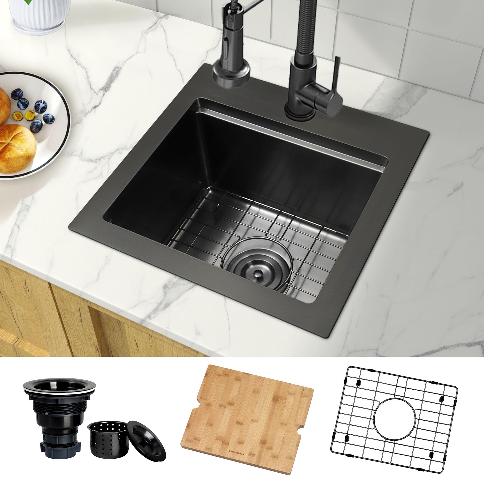 Zeesink Black Bar Sink Drop in,Small RV Sink 17 inch,Wet Bar Sink,Stainless Steel Bar Prep Sink