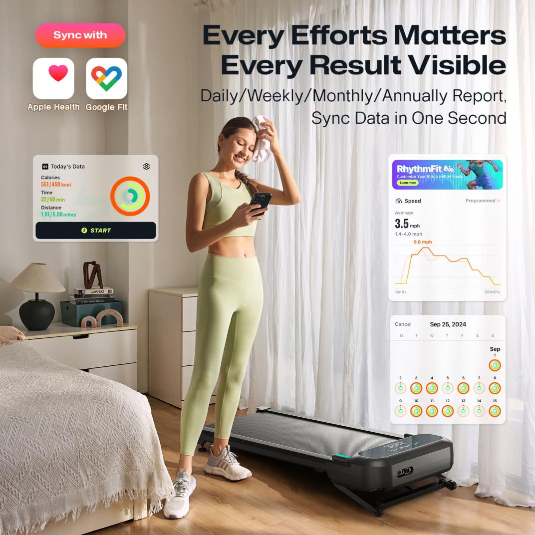 UREVO Smart Walking Pad Treadmill,9% Auto Incline, Quiet Operation, 2.5HP Dual Brushless Motorized, Standing Desk Treadmill, AI App with World Tour & HIIT, 12-Point Shock Absorption, Immersive Hiking