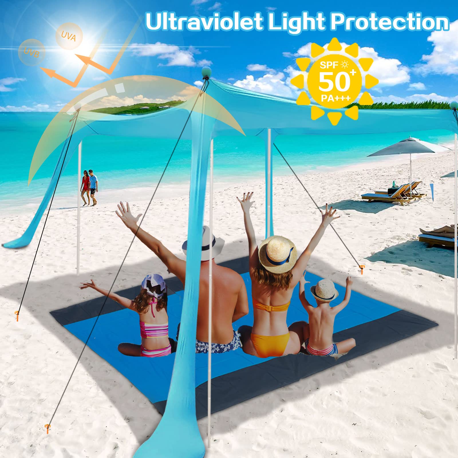 Beach Canopy Beach Tent Sun Shelter 11X11 FT Include Beach Blanket UPF50+ Sun Protection Windproof Ropes 4 Poles Carry Bag Easy to Set Up Extra Large for Outdoor Camping