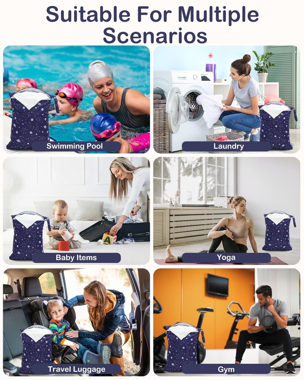 ALVA ALVABABY 3pcs Cloth Diaper Wet Dry Bags Waterproof Reusable with Two Zippered Pockets Travel Beach Pool Daycare Soiled Baby Items Yoga Gym Bag for Swimsuits or Wet Clothes 3L-ZM32