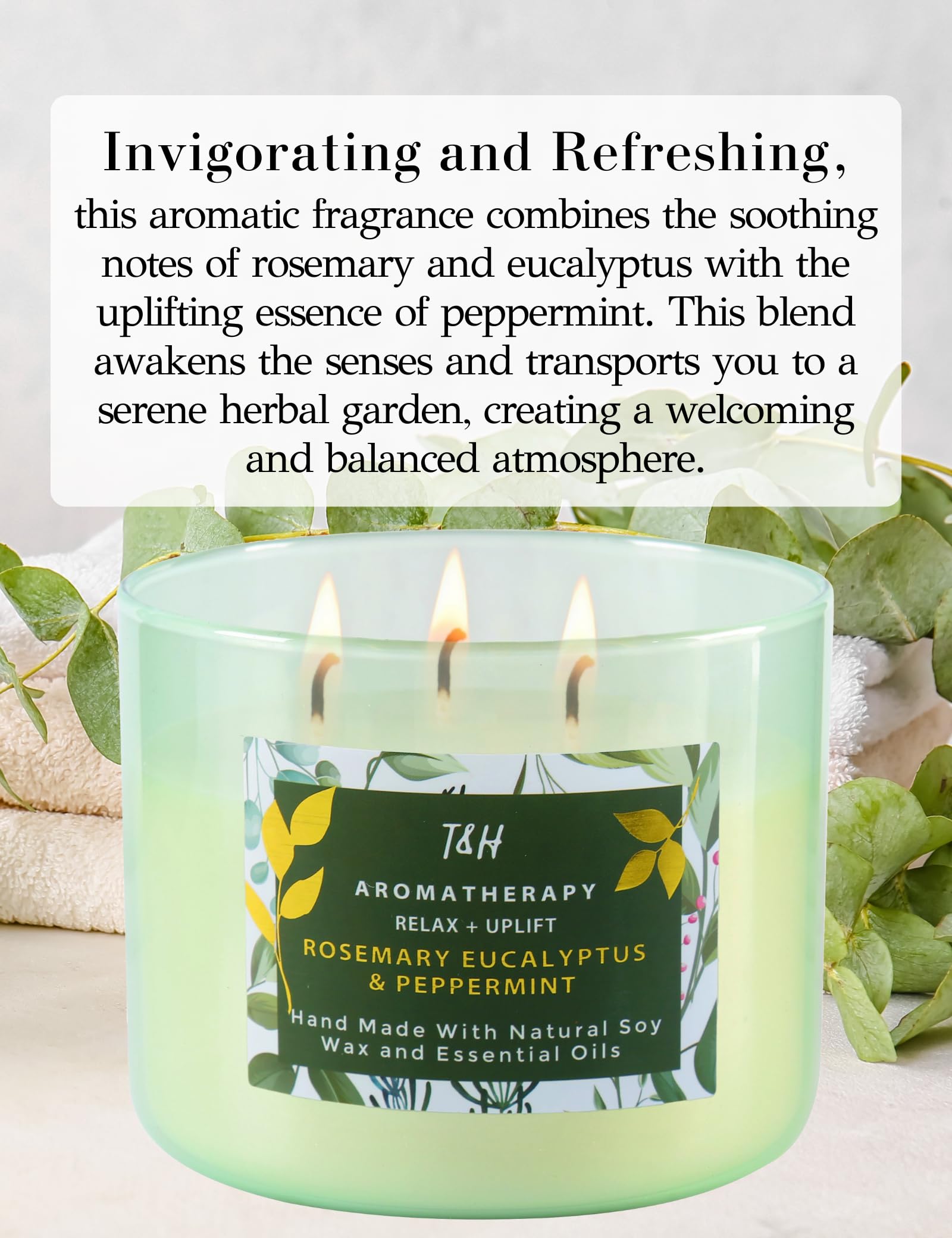 Rosemary Eucalyptus Peppermint Candle | Highly Scented Large 3 Wick Soy Candle 15.8 oz | Uplifting Fresh Eucalyptus Mint Scented Candle for Home | Aromatherapy Stress Relief Candle for Women & Men