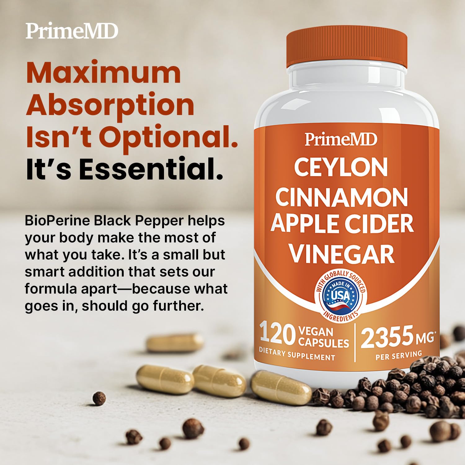 5-in-1 Ceylon Cinnamon Capsules 2355mg - Ceylon Cinnamon and Apple Cider Vinegar Capsules - Turmeric and Panax Ginseng - Cinnamon Supplements with Bioperine (120ct, Pack of 3)