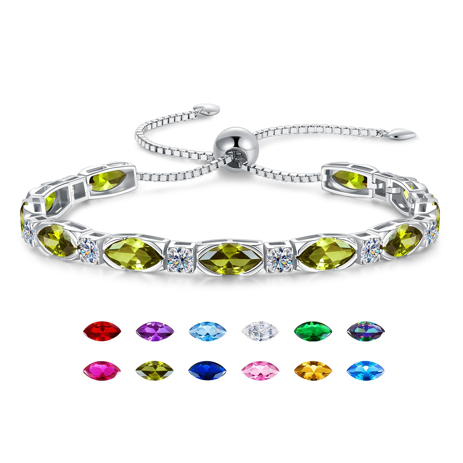 ETERMBOL Birthstone Link Bracelet for Women, Sterling Silver Adjustable Chain 6-9 Inchs Evil Eye Bracelet, Birthday Gifts for Wife Mom Her