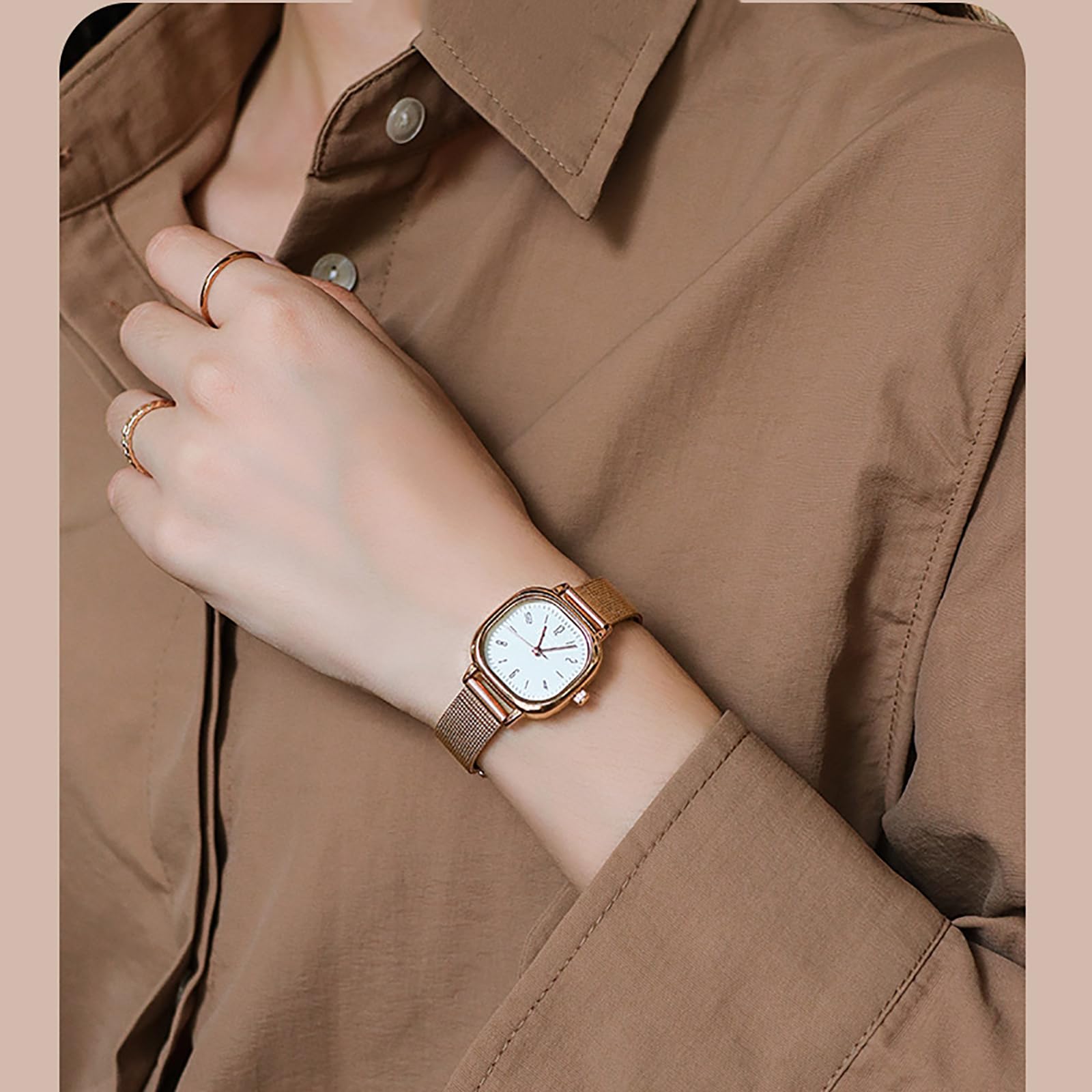 BESTKANG Women's Mesh Bracelet Watch Retro Square Stainless Steel Ladies Watch Dress Waterproof Analog Quartz Watches for Women (Gold White)