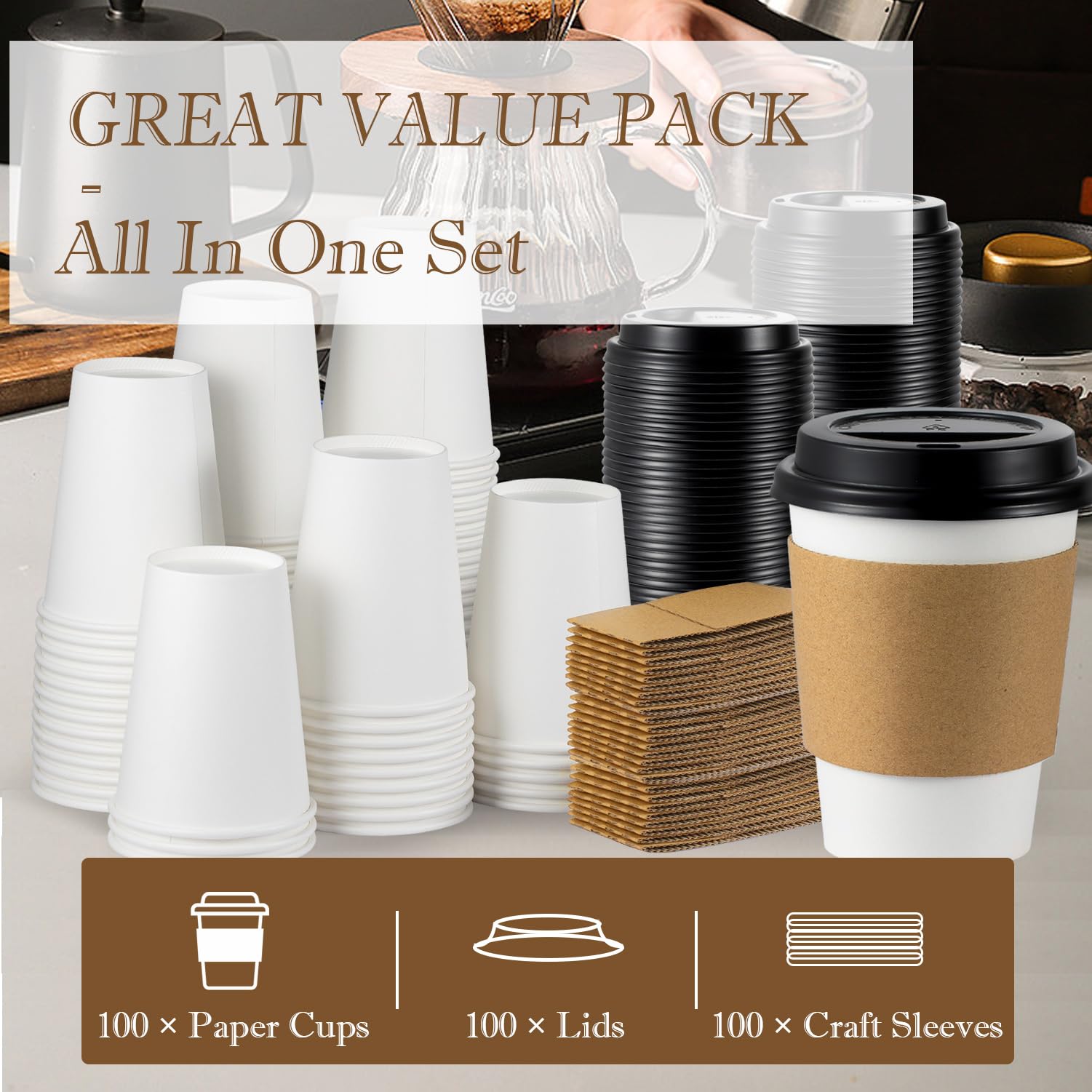 BENEVAL 100 Pack 12 oz Disposable Coffee Cups With Lids and Sleeves, Sturdy White Paper To Go Cups for Hot and Cold Beverages