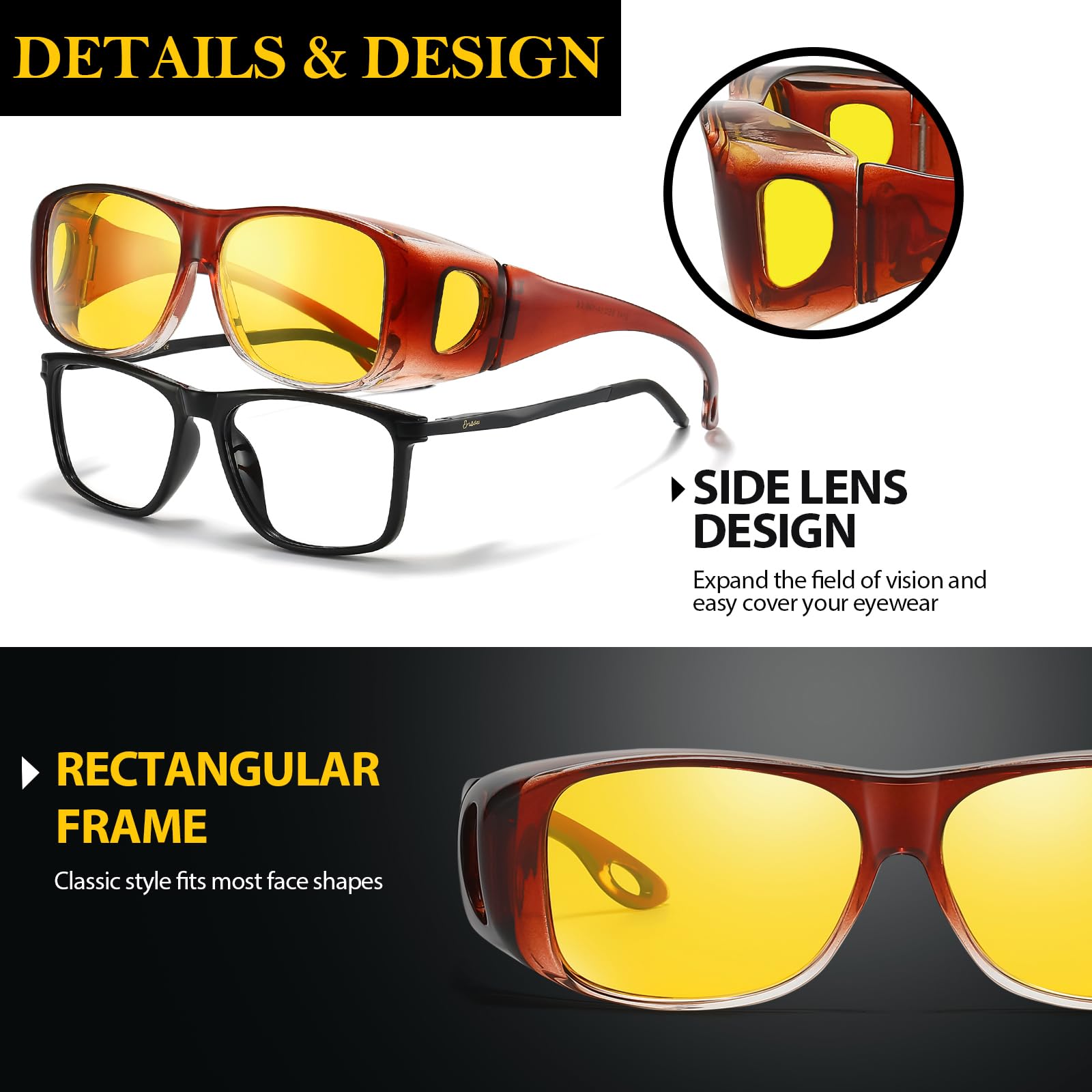 TJUTR Night Vision Driving Glasses for Women Men, Fit Over Wraparound Eyeglasses, Polarized Yellow Lens Anti-glare Nighttime