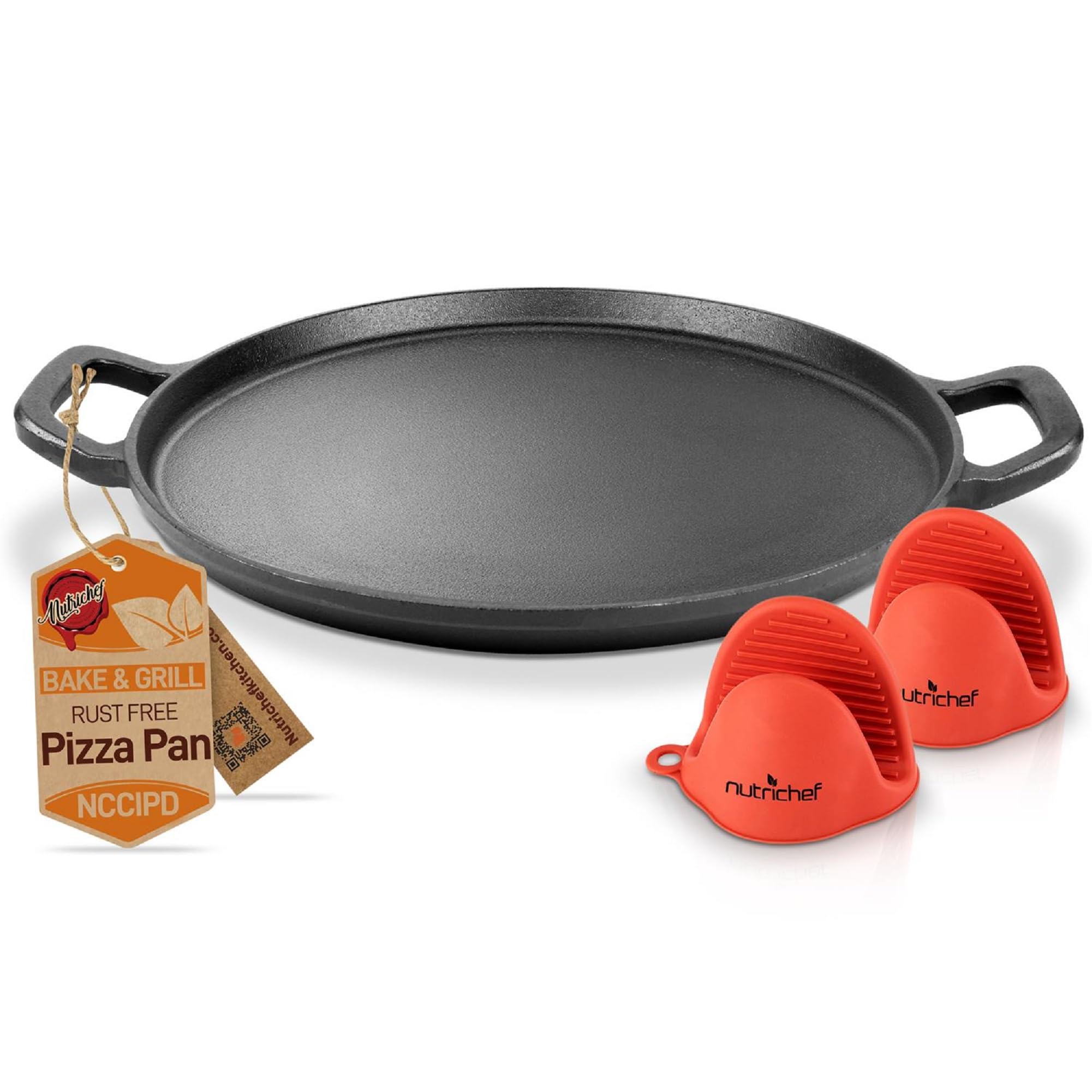 NutriChef 13-Inch Flat Cast Iron Pizza Pan - Versatile Pre-Seasoned Round Cooking Griddle w/ Built-In Handles for Oven, Grill, Stove, and Campfires