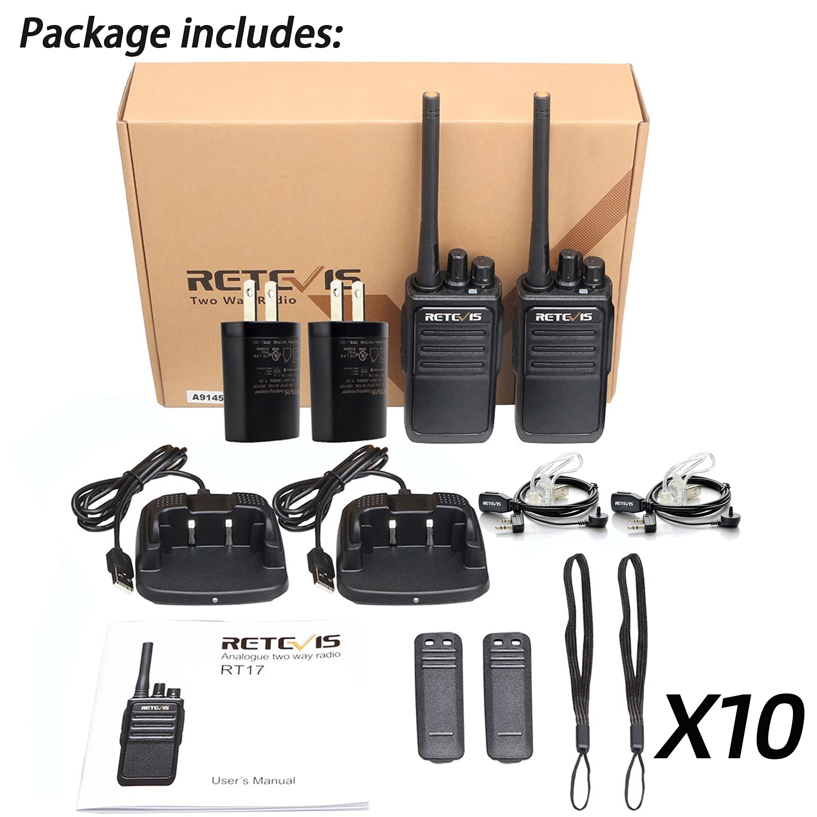 Retevis RT17 Walkie Talkies with Earpiece,Handheld 2 Way Radio Rechargeable,Portable Two Way Radio Long Range,VOX Handsfree Walkie Talkie for Adults School Business Clinic Church Construction(20 Pack)