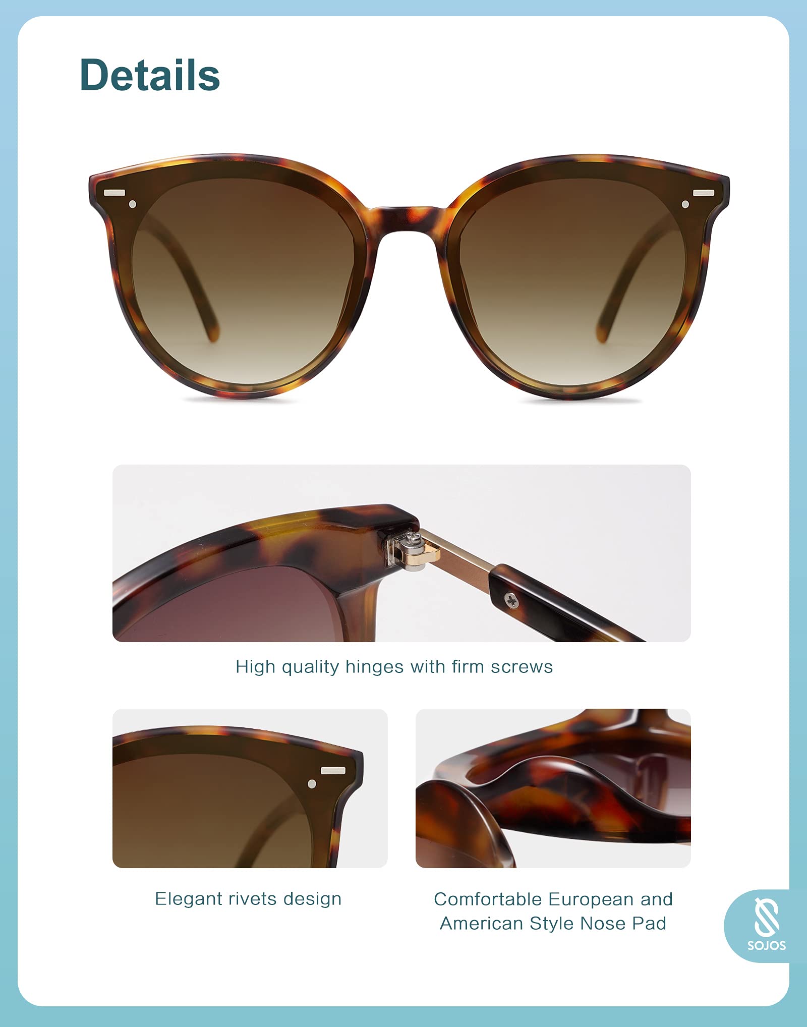 SOJOS Classic Round Sunglasses for Women Men Retro Vintage Large Plastic Frame BLOSSOM SJ2067 with Yellow Tortoise Frame/Gradient Brown Lens