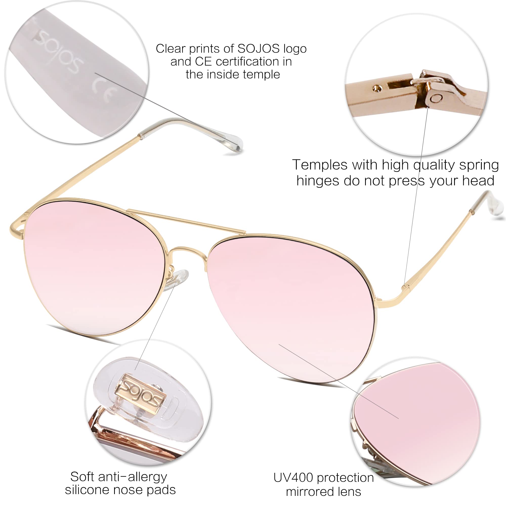 SOJOS Classic Aviator Sunglasses for Women Men Metal Frame Spring Hinges SJ1030, Gold/Pink