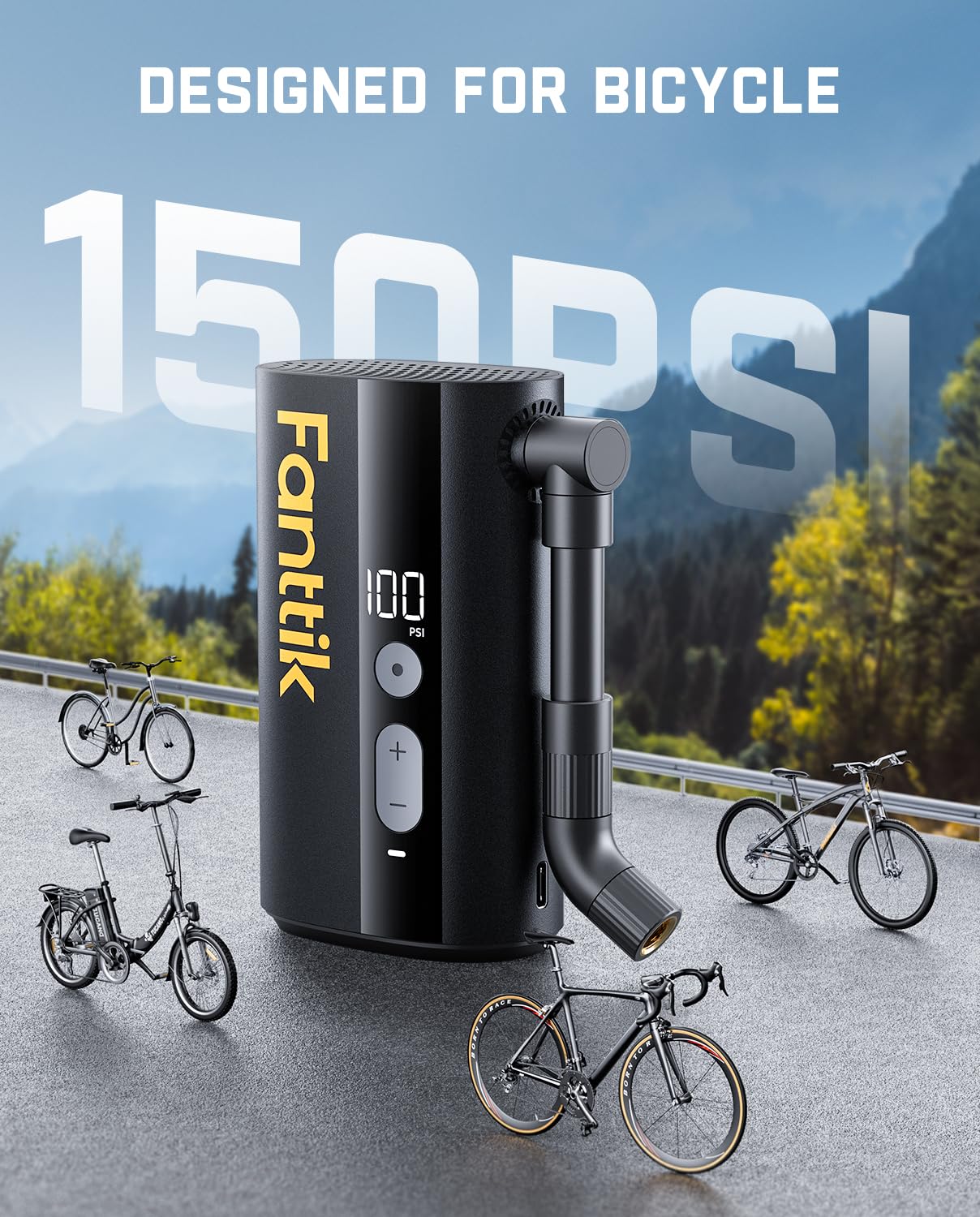 Fanttik X9 Ace Mini Bike Tire Pump, 32s Fast Inflate Bike Pump with Guage, 150PSI Electric Air Pump with Presta and Schrader Valve, Suitable for Road Bike, Mountain Bike, E-Bike, City Bike