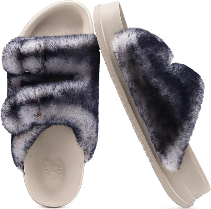KuaiLu Women's Fluff Slippers Black White, Plantar Fasciitis Arch Support Platform Slippers Ladies Fashion Open Toe Faux Fur Sliders House Slipper