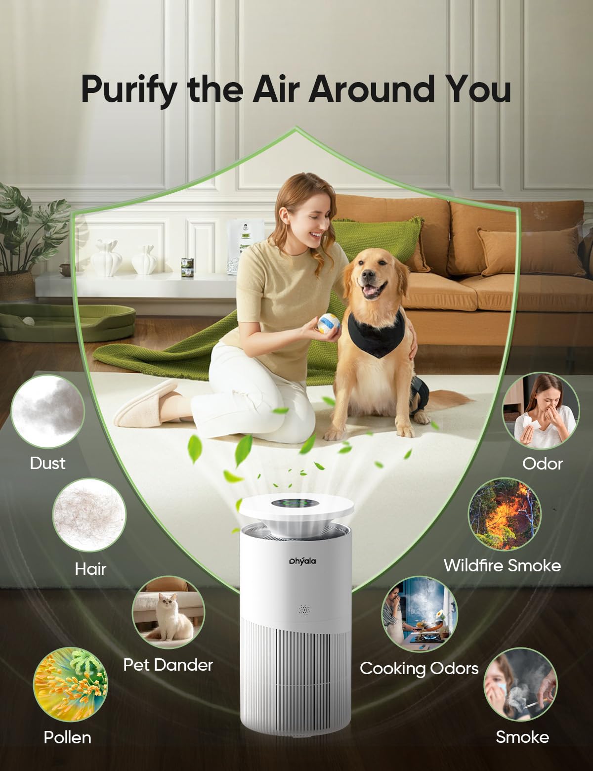 Dhyala Air Purifier for Home Large Room up to 3620FtΒ², H13 True HEPA Air Purifiers for Home Pet Hair Dander Odor Pollen, Air Cleaner with Smart WiFi, 360Β° Air Intake, Auto Mode, Pet Lock, 22dB Quiet