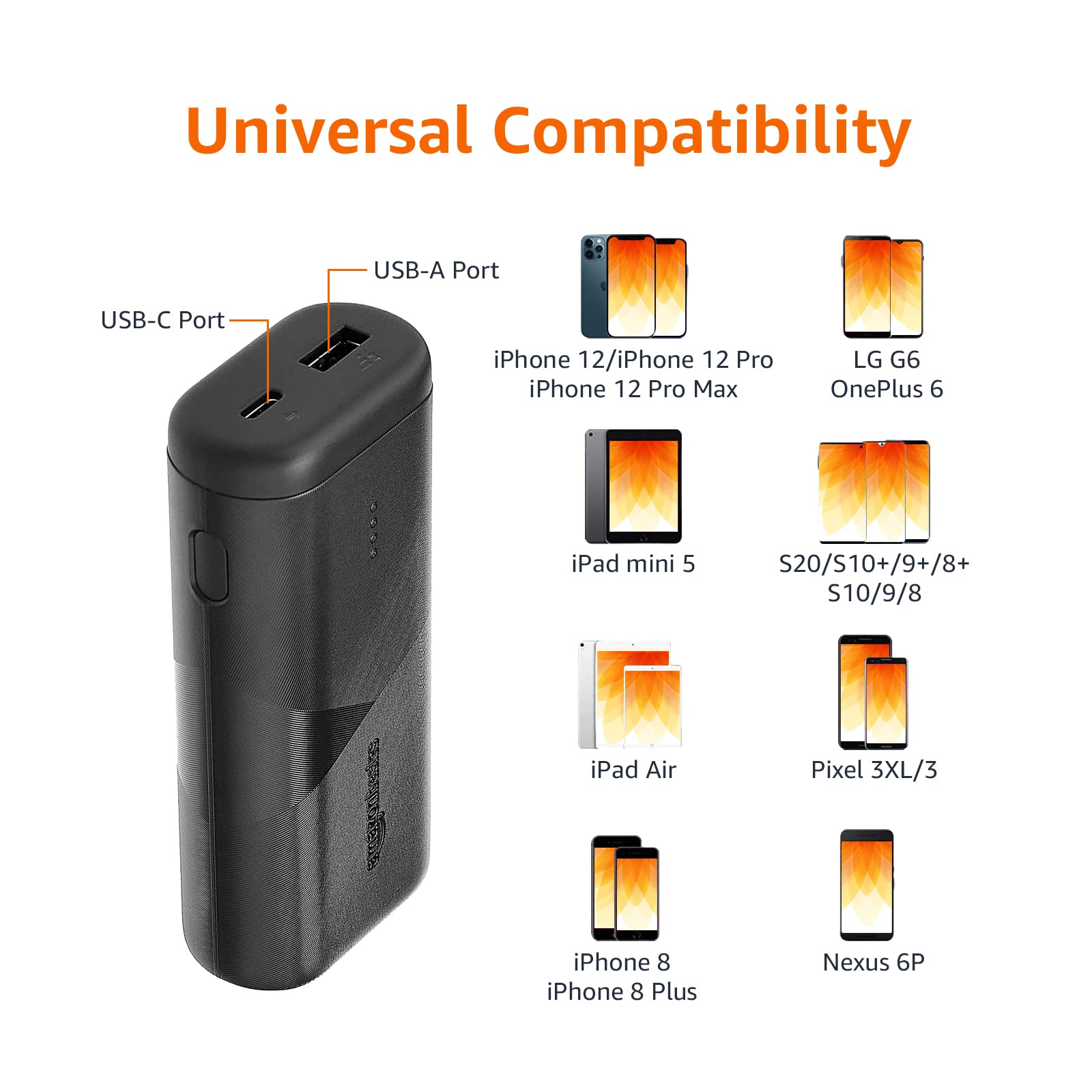 Amazon Basics Ultra-Portable Fast Charging Power Bank Battery, 10000mAh, with PD 18W USB-C port for iPhone 15, Samsung S24, iPad, and more, Black