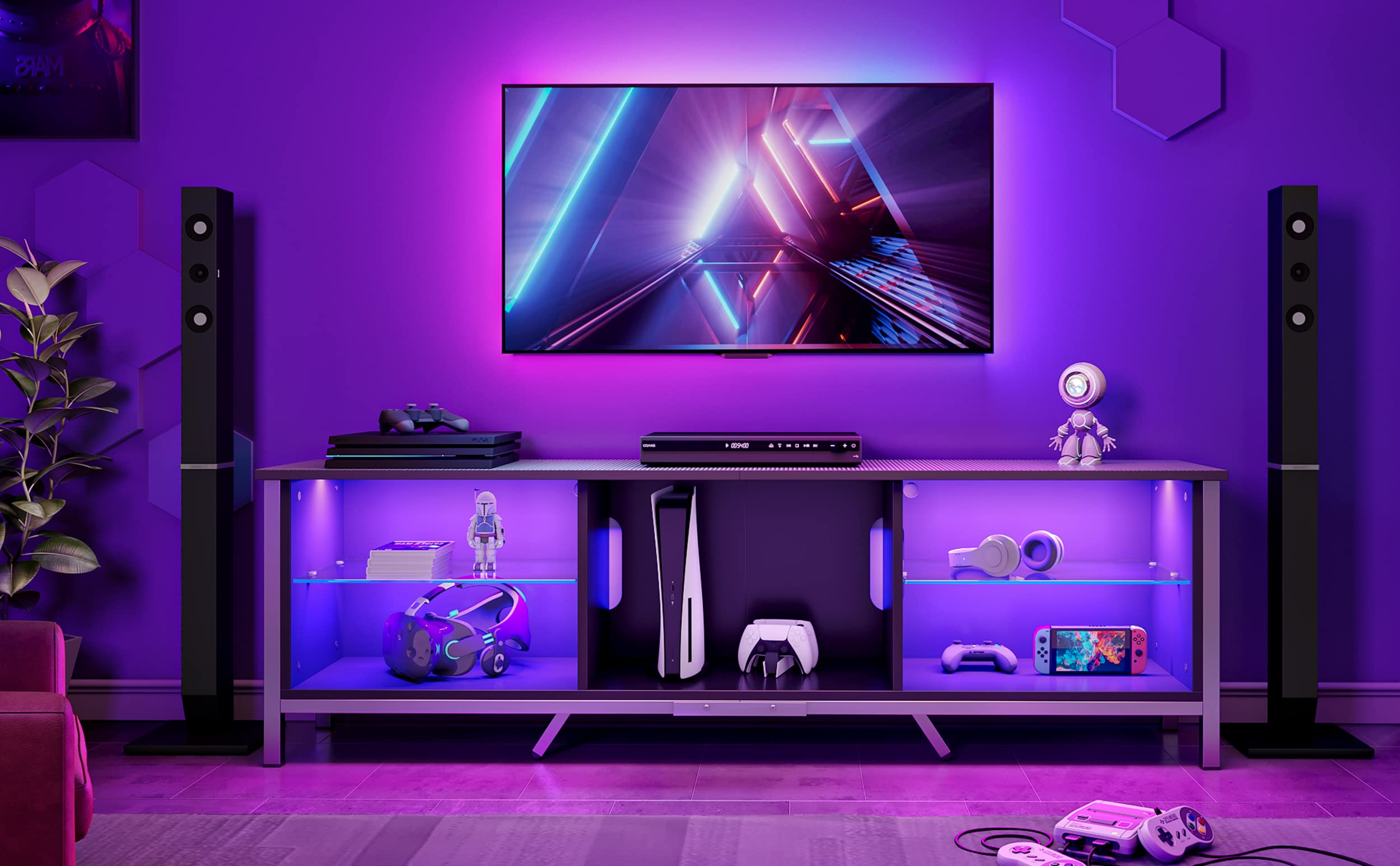 Bestier TV Stand with LED Light for 75 inch TV, Modern Gaming Entertainment Center with Detachable Glass Shelves for PS5 Black Carbon Fiber