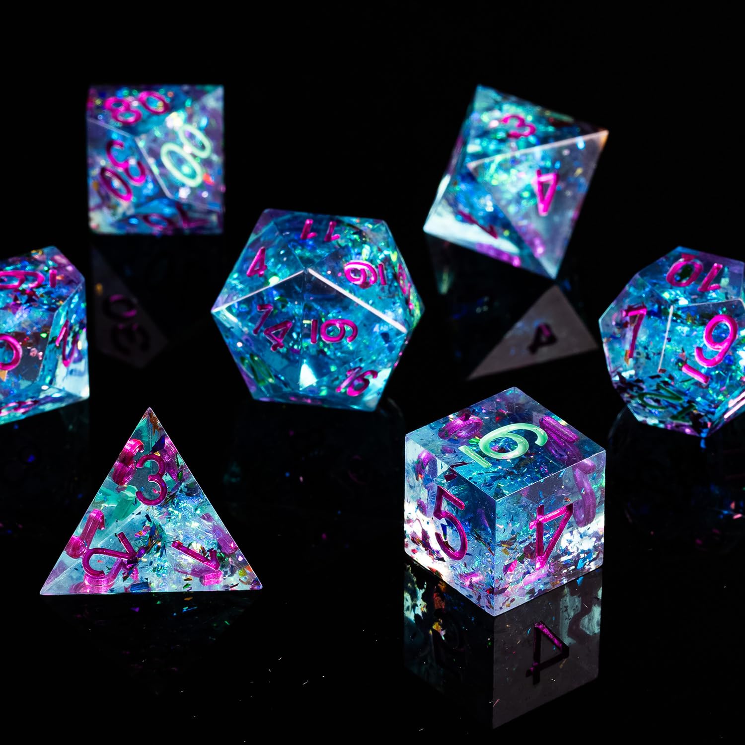 Fugacity DND Dice Set,Handmade Sharp Edge 7 Piece Resin Dice-Dungeons and Dragons Polyhedral Dice Set, D&D Dice Set with Gift Dice Case for RPG MTG Table Games