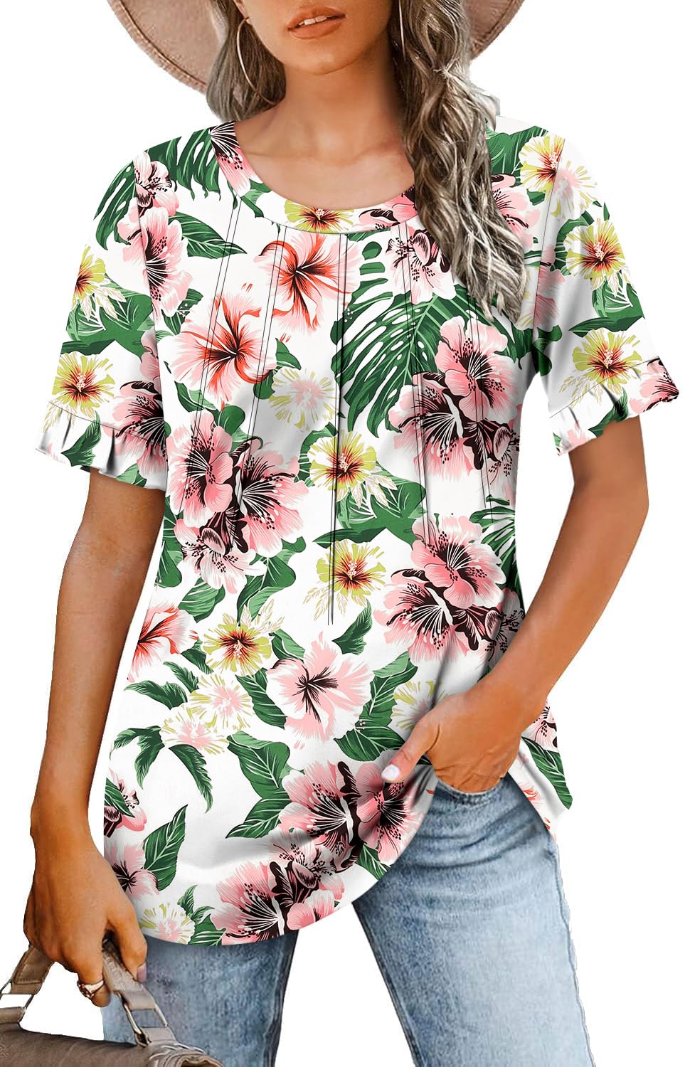 BETTE BOUTIK womens summer tunic tops to wear with leggings boho ladies tops womens feminine tops and blouses WhitGreenPowder Large