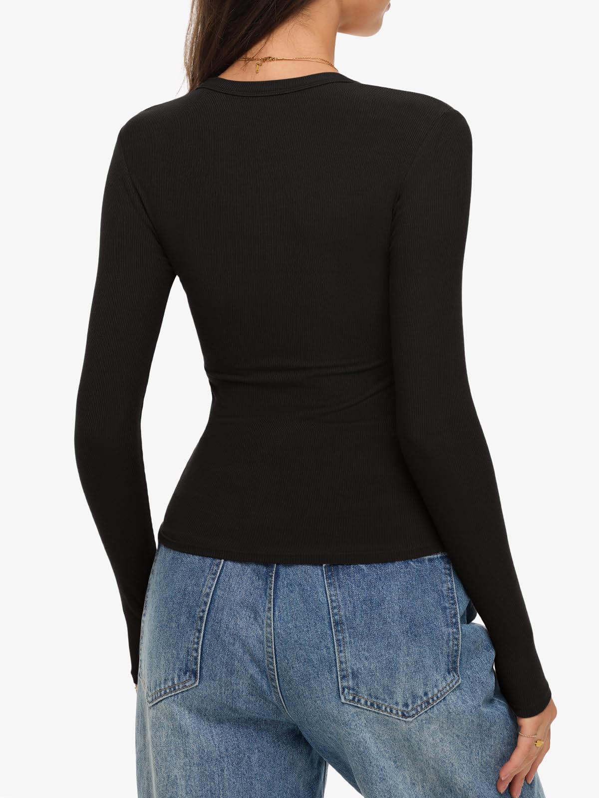 REORIA Womens Long Sleeve Shirts 2025 Fall Trendy Deep V Neck Slim Fit Basic Tops Casual Going Out Top Tee Blouse Black Medium