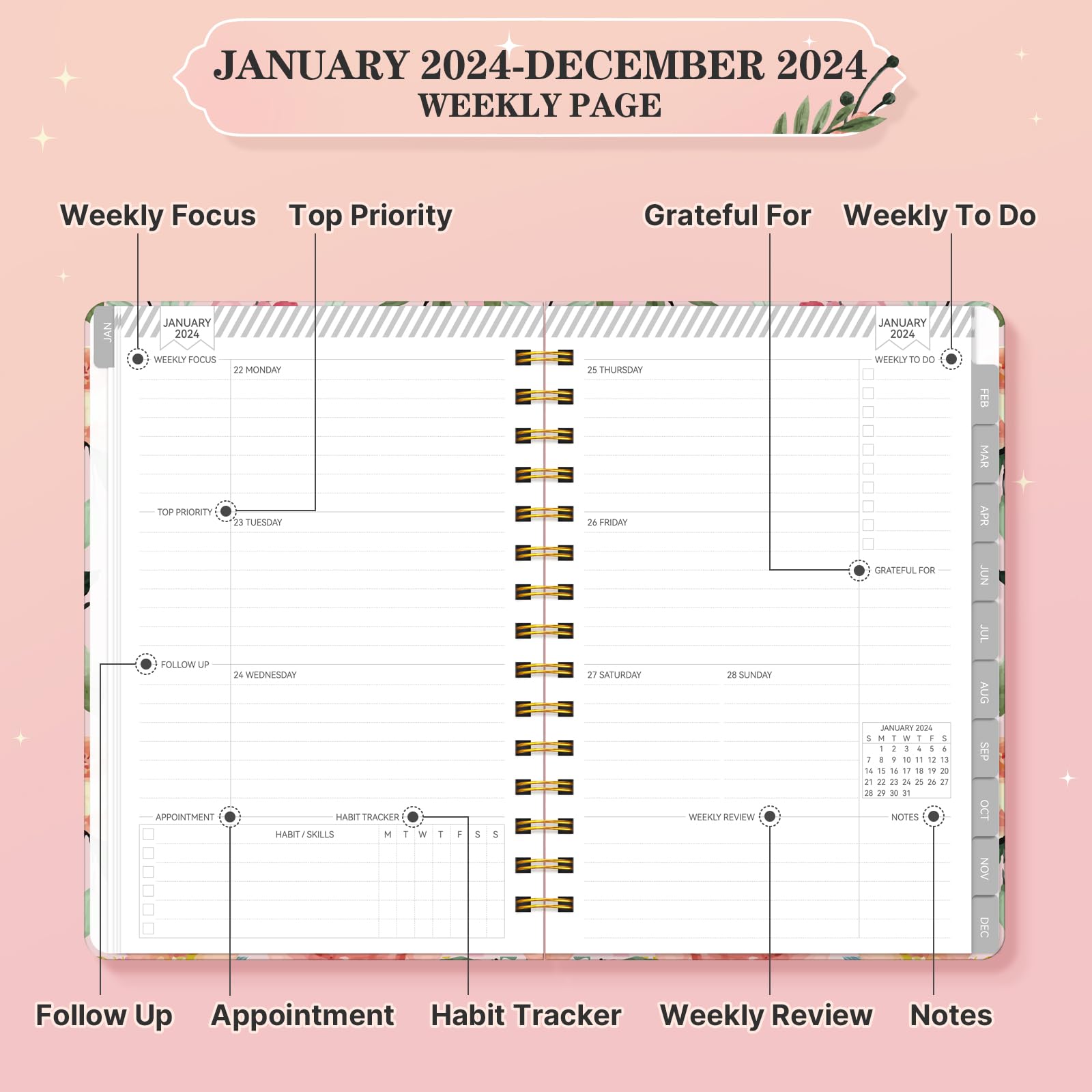 GETINK 2024 Planner Daily Weekly and Monthly for Women, Jan.2024 - Dec.2024, Hardcover Agenda 2024 Calendar Planner Book with Monthly Tab, Spiral Bound, Inner Pocket (7.5”×10”, Flower Pink-24 Year)