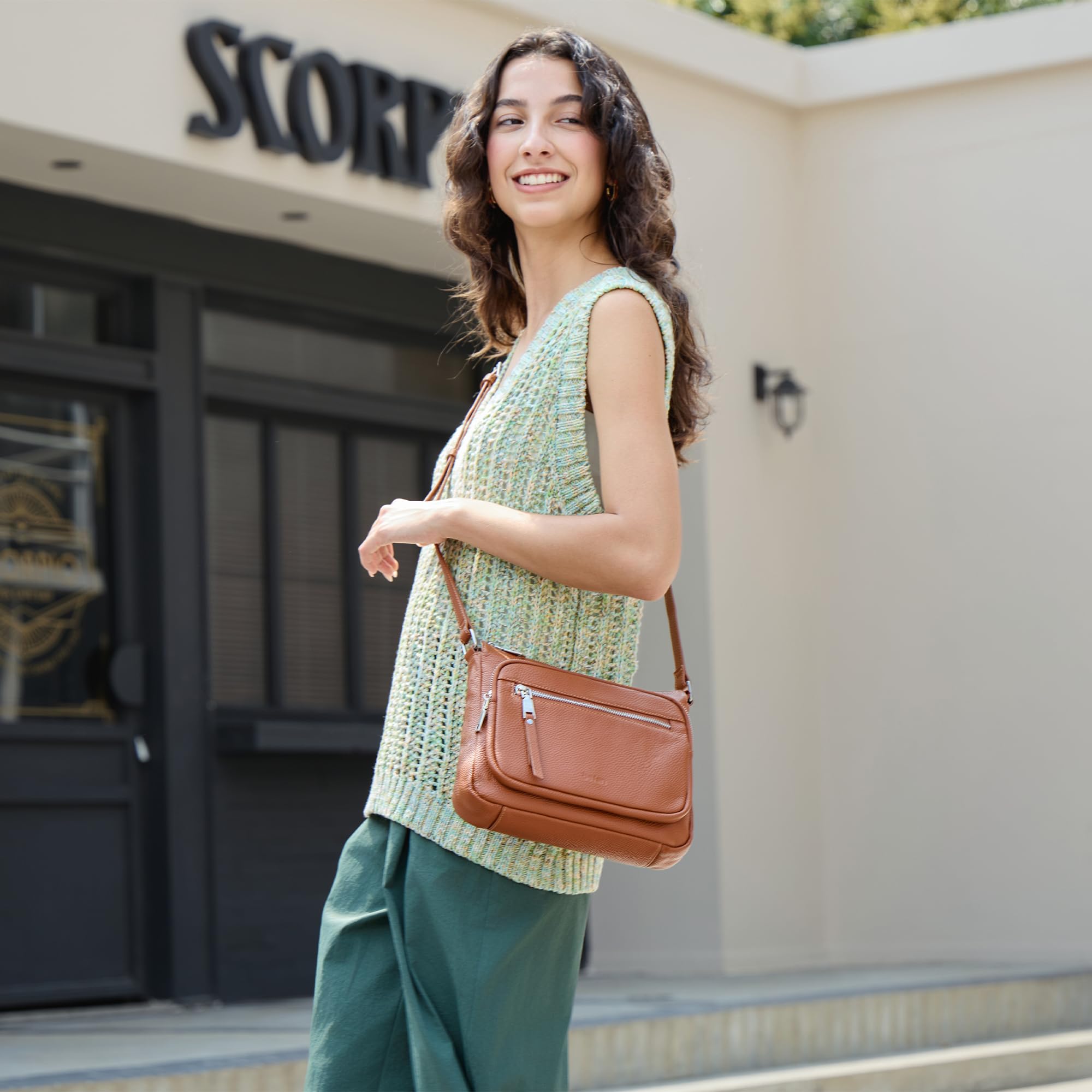 befen Genuine Leather Crossbody Bags for Women, RFID Blocking Leather Purse with Built in Wallet, Womens Handbag Shoulder Bag with Multi Zipper Pockets, Brown