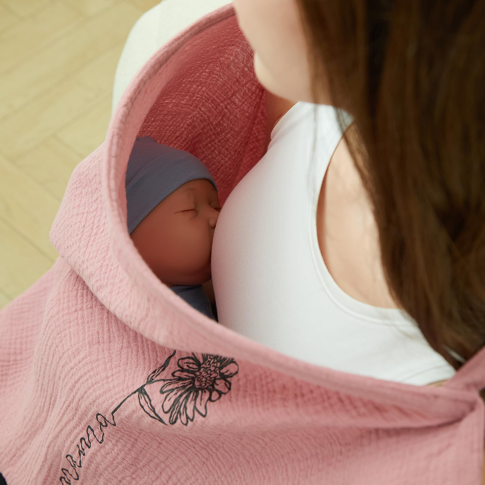 RWRWMOONPUT Muslin Nursing Cover for Baby Breastfeeding, Nursing Clothes with hoop for Mom Breathable, Cotton Multi-use Carseat Canopy (Dusty rose)