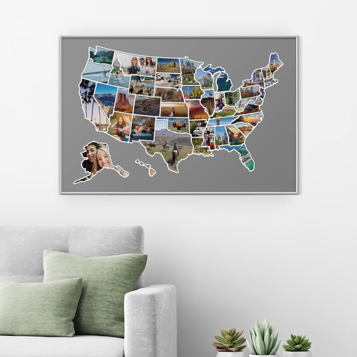USA Photo Map - 50 States Travel Map - 24 x 36 in - Printed on Flexible Vinyl and Rewritable - Includes Secure Photo Maker - Unframed - Gray