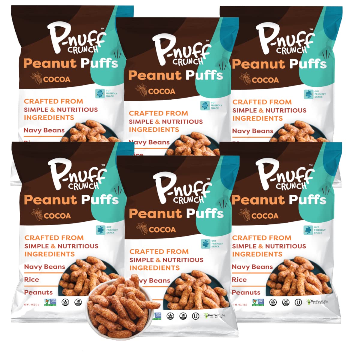 Pnuff Crunch Peanut Butter Puffs - Healthy Snacks, Low Calorie Snacks, Gluten Free Snacks, Vegan, High Protein, Keto, Office Snacks, Low Sugar, as Seen on Shark Tank - Cocoa, 4 Oz Bag (Pack of 6)