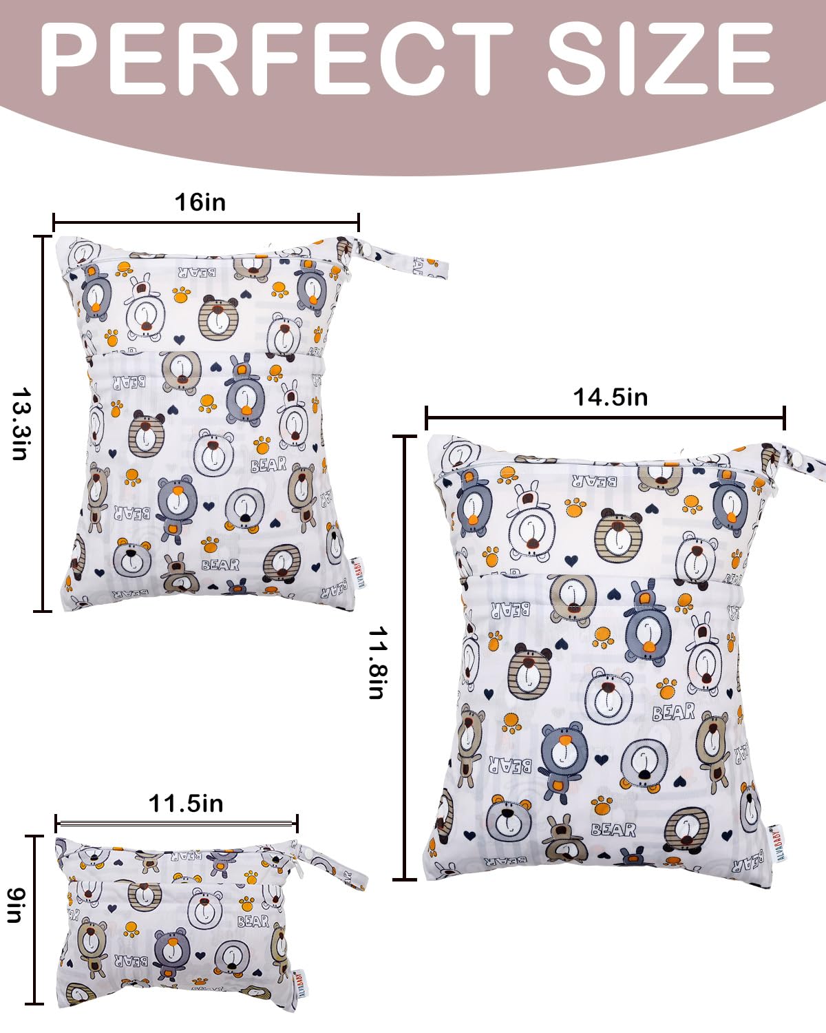 ALVA ALVABABY 3pcs Cloth Diaper Wet Dry Bags Waterproof Reusable with Two Zippered Pockets Travel Beach Pool Daycare Soiled Baby Items Yoga Gym Bag for Swimsuits or Wet Clothes 3L-SML11