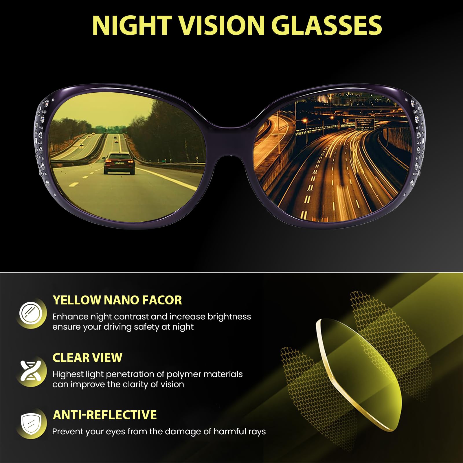 TJUTR Night Vision Driving Glasses for Women - Anti Glare, Polarized Nighttime Yellow Lens