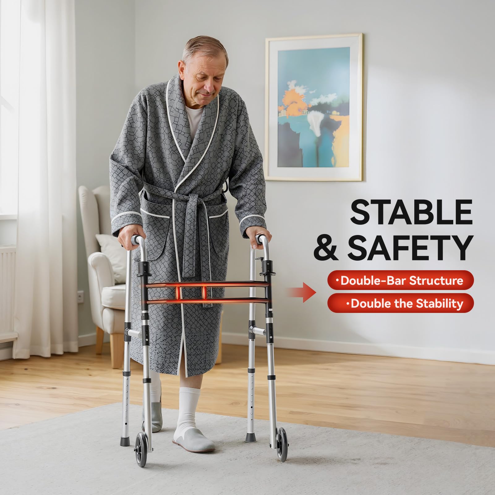 Loyoda Folding Walkers for Seniors,Medical Bariatric Walker Lightweight 5'' Front Wheel Walker Height and Width Adjustable Aluminum Standard Walker for Handicap