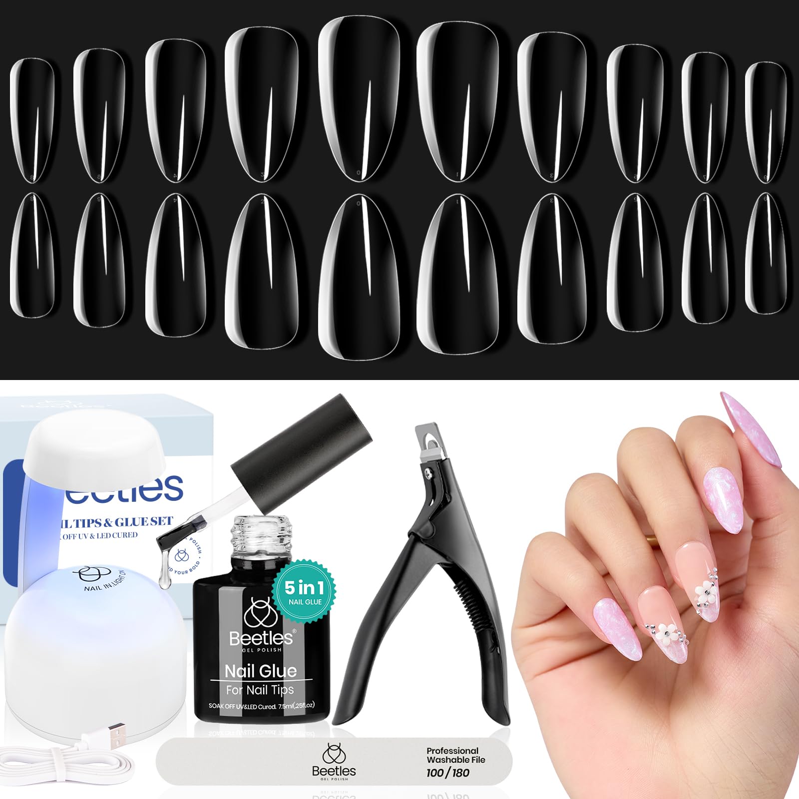 Beetles Gel Nail Kit Almond Nail Tips Easy Nail Extension Set 5 In 1 Nail Glue Gel with Pre shaped Medium Almond Nail Tips and UV Nail Lamp Acrylic Nail Clipper for Nail Art Diy