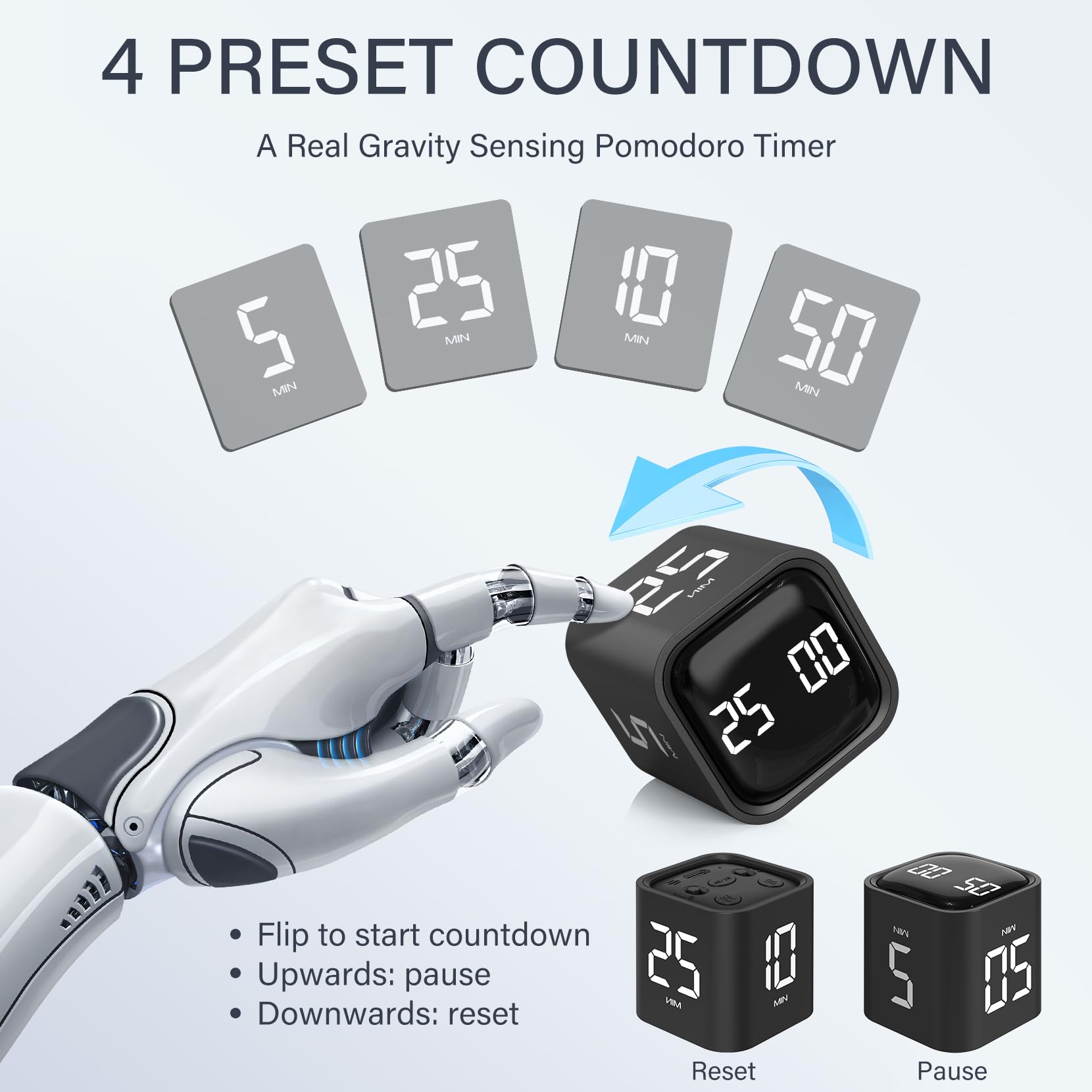 Rotating Pomodoro Timer 5, 25, 10 50 Minutes Preset, Desk Productivity Timer w/Gravity Sensor, Cube Timer for ADHD, Vibration/High/Low Volume/Custom Modes, for Work, Study, Back to School, Kitchen