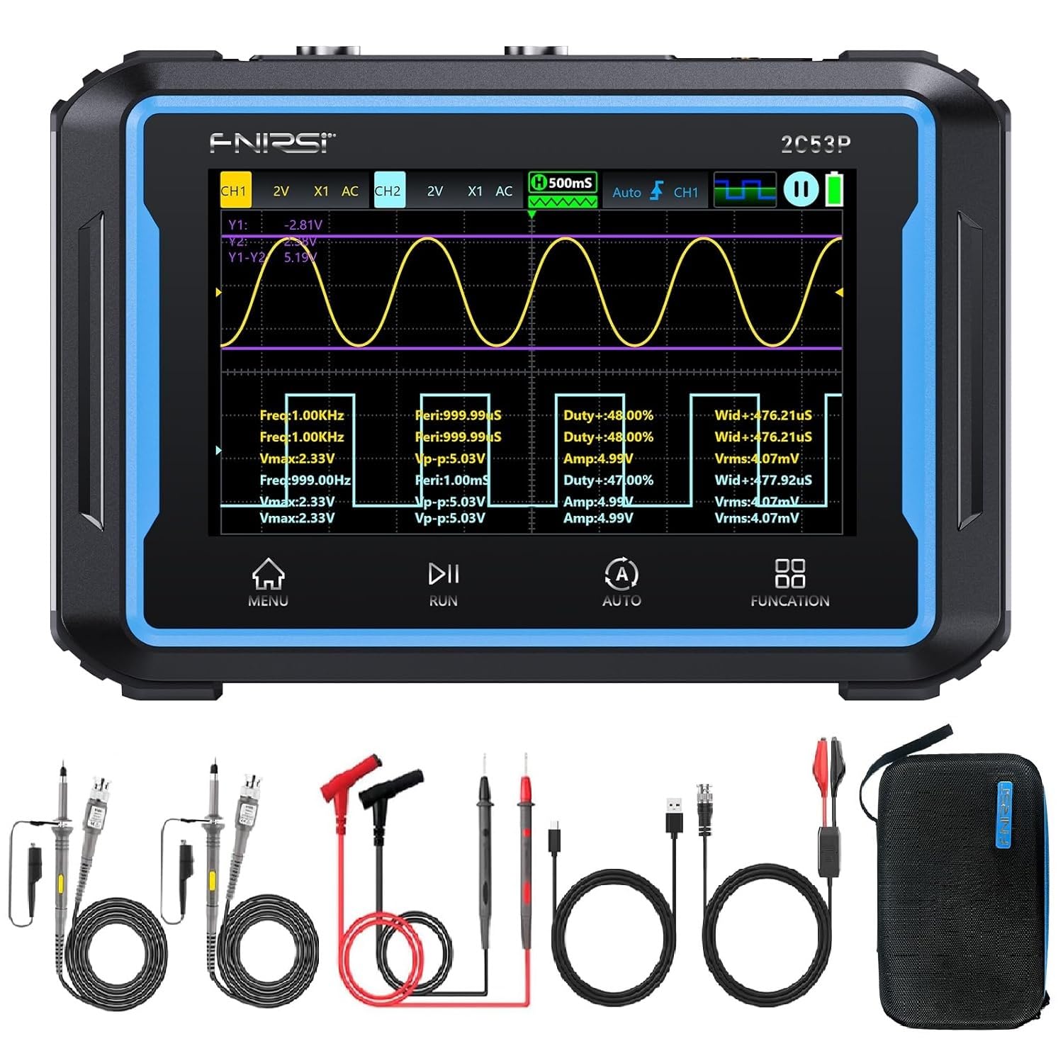 【2C53P Plus Upgraded with Carrying CASE】3in1 Oscilloscope/Multimeter/DDS Signal Generator Tablet Touch Screen Portable Digital Automotive Oscilloscope 2 Channel 50MHz Bandwidth 250Ms/S Counts