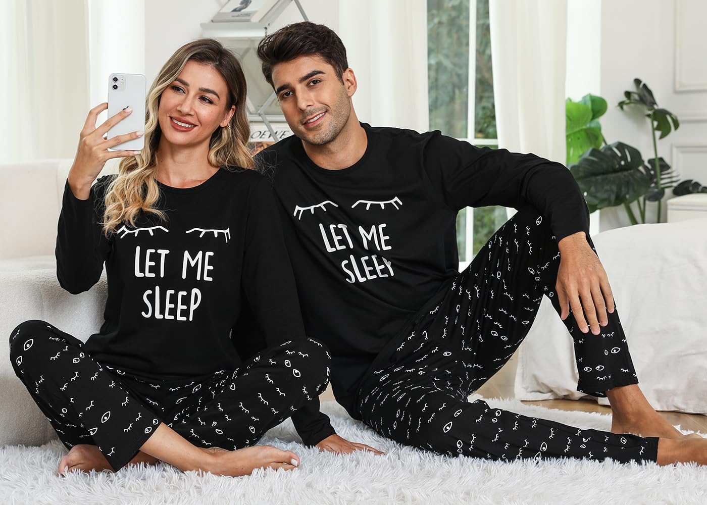 EISHOPEER Cute Pajamas for Women Long Sleeve Top and Pants Pjs Sleepwear with Pockets Black L