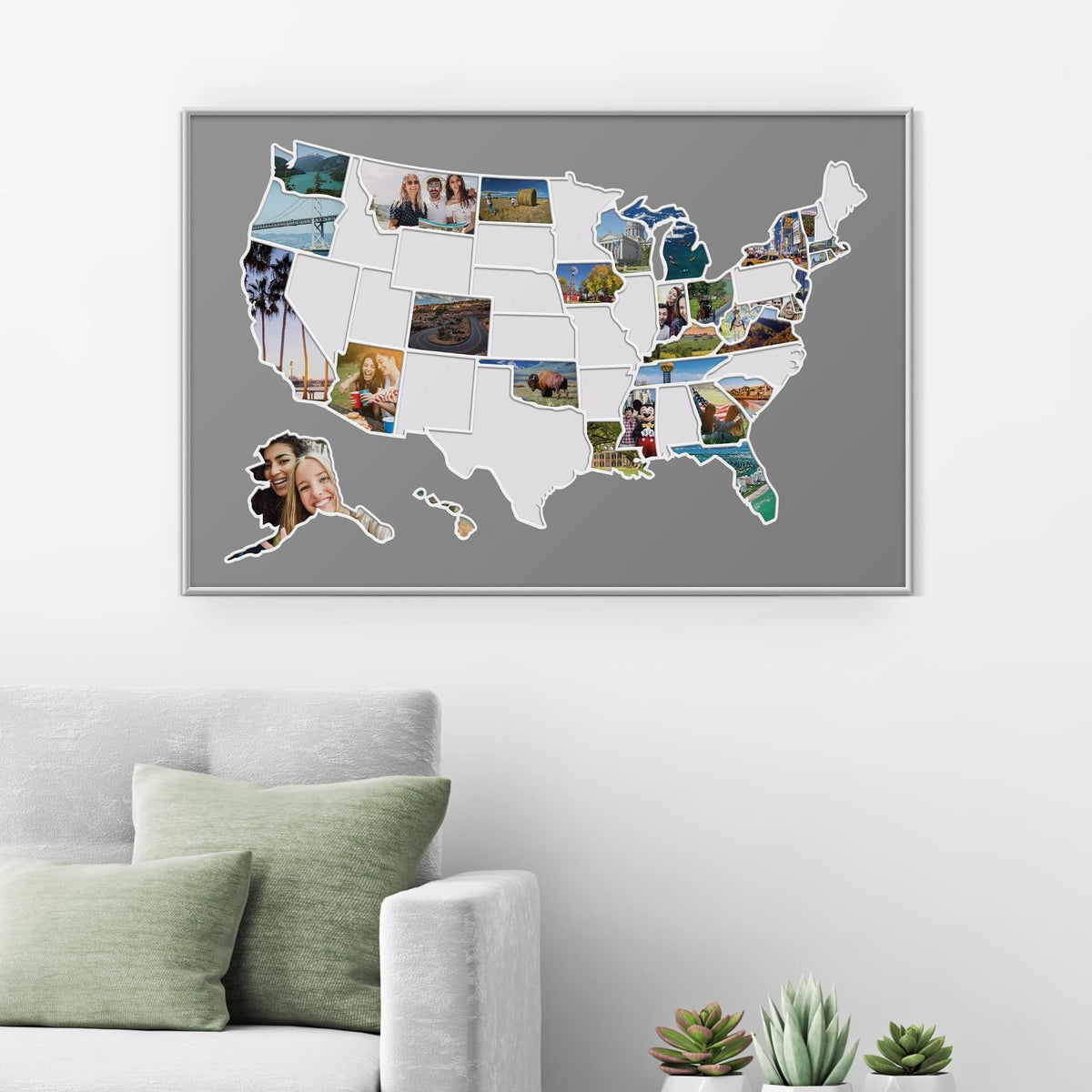 USA Photo Map - 50 States Travel Map - 24 x 36 in - Printed on Flexible Vinyl and Rewritable - Includes Secure Photo Maker - Unframed - Gray