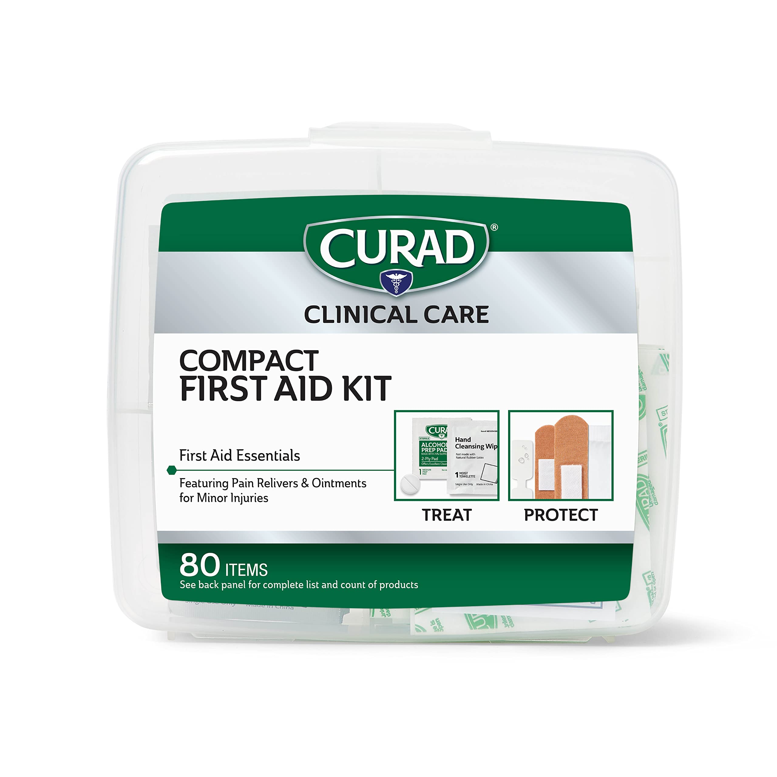 Curad Compact First Aid Kit with Over-The-Counter Medicine,All Purpose,Flex-Fabric and Butterfly Bandages,Antibiotic Ointment,Cleansing Towelettes,Alcohol Prep Pads,Acetaminophen,Carry Case, 80 Count