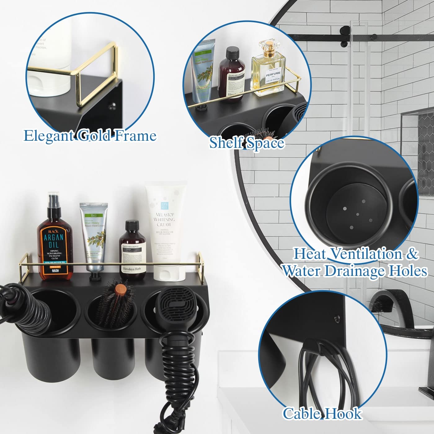 J JACKCUBE DESIGN Hair Dryer Holder Wall Mount Bathroom Vanity Hair Styling Care Tool Accessories 3 Cups Storage Organizer Caddy with Shelf Steel Black Gold- MK1002A (Black)