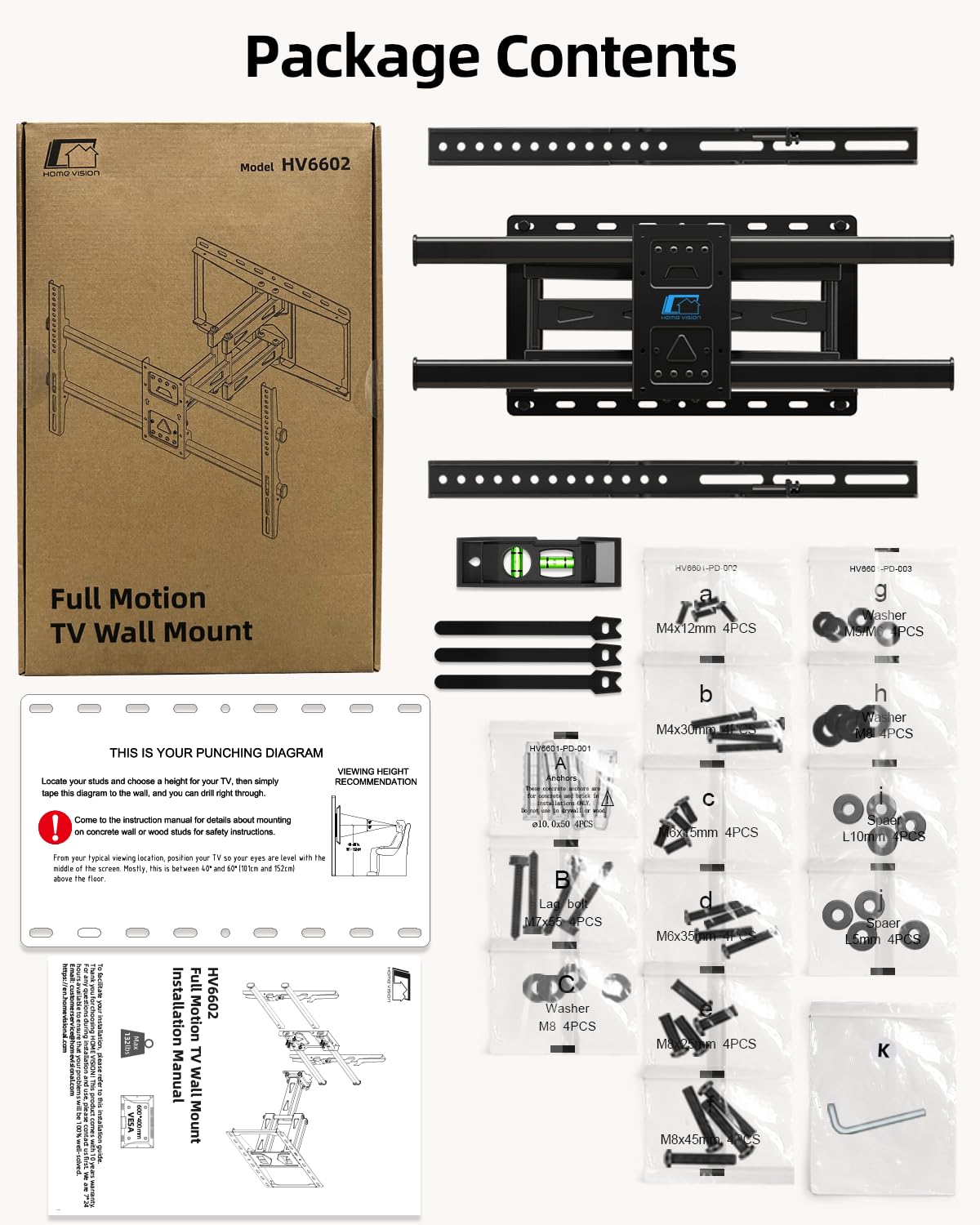 HOME VISION Full Motion TV Wall Mount for Most 32-85 inch TVs up to132lbs, Wall Mount TV Bracket Dual Articulating Arms, Swivel, Tilting, Leveling TV Mount, Max VESA 600x400mm, Fits 8"12"16" Wood Stud
