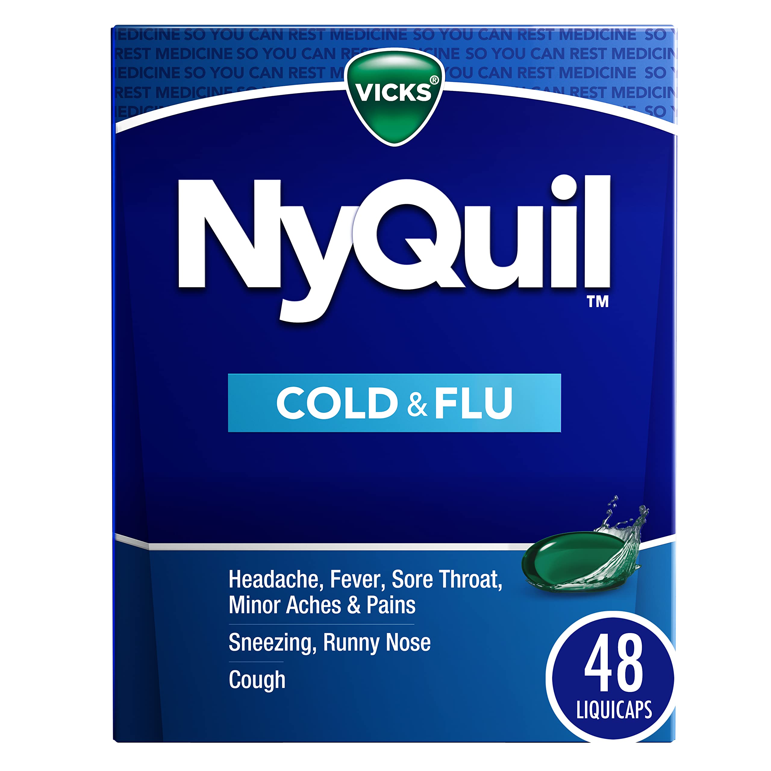 VICKS NyQuil Cold & Flu Relief Over-the-Counter Medicine, Powerful Multi-Symptom Nighttime Relief for Headache, Fever, Sore Throat, Minor Aches & Pains, Sneezing, Runny Nose, and Cough, 48 LiquiCaps
