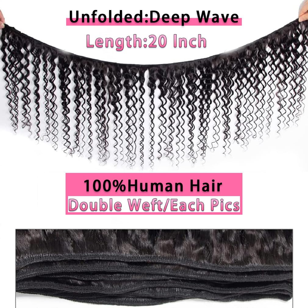 Deep Wave Bundles Human Hair Brazilian Virgin Hair Bundles(18 20 22 inch)Curly Bundles Wet and Wavy Human Hair Weave Bundles Double Weft Hair Weave Natural Black