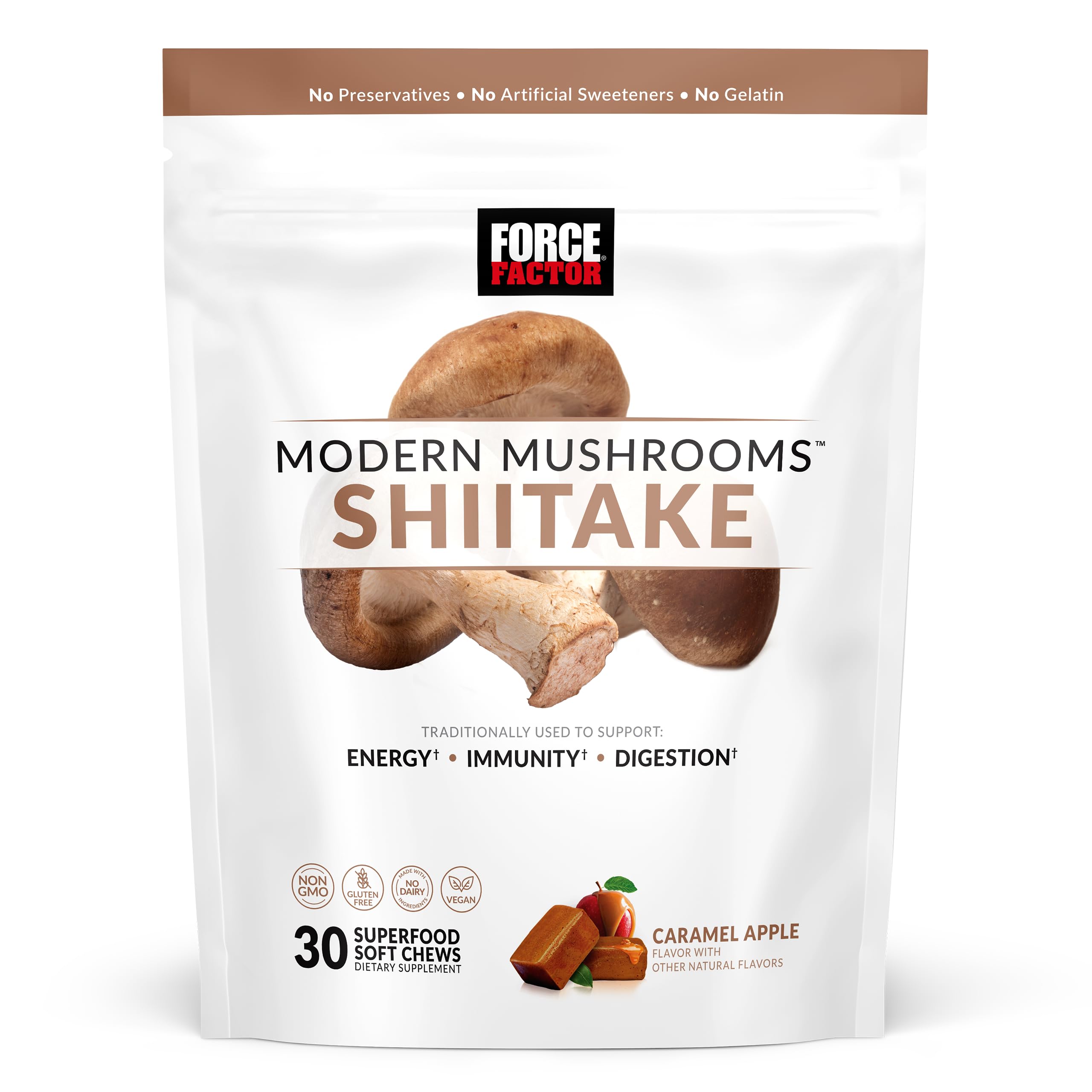 FORCE FACTOR Modern Mushrooms Soft Chews, Shiitake Mushrooms Supplement to Support Energy, Immunity, and Digestive Health, Antioxidants Supplement, Delicious Caramel Apple Flavor, 30 Soft Chews