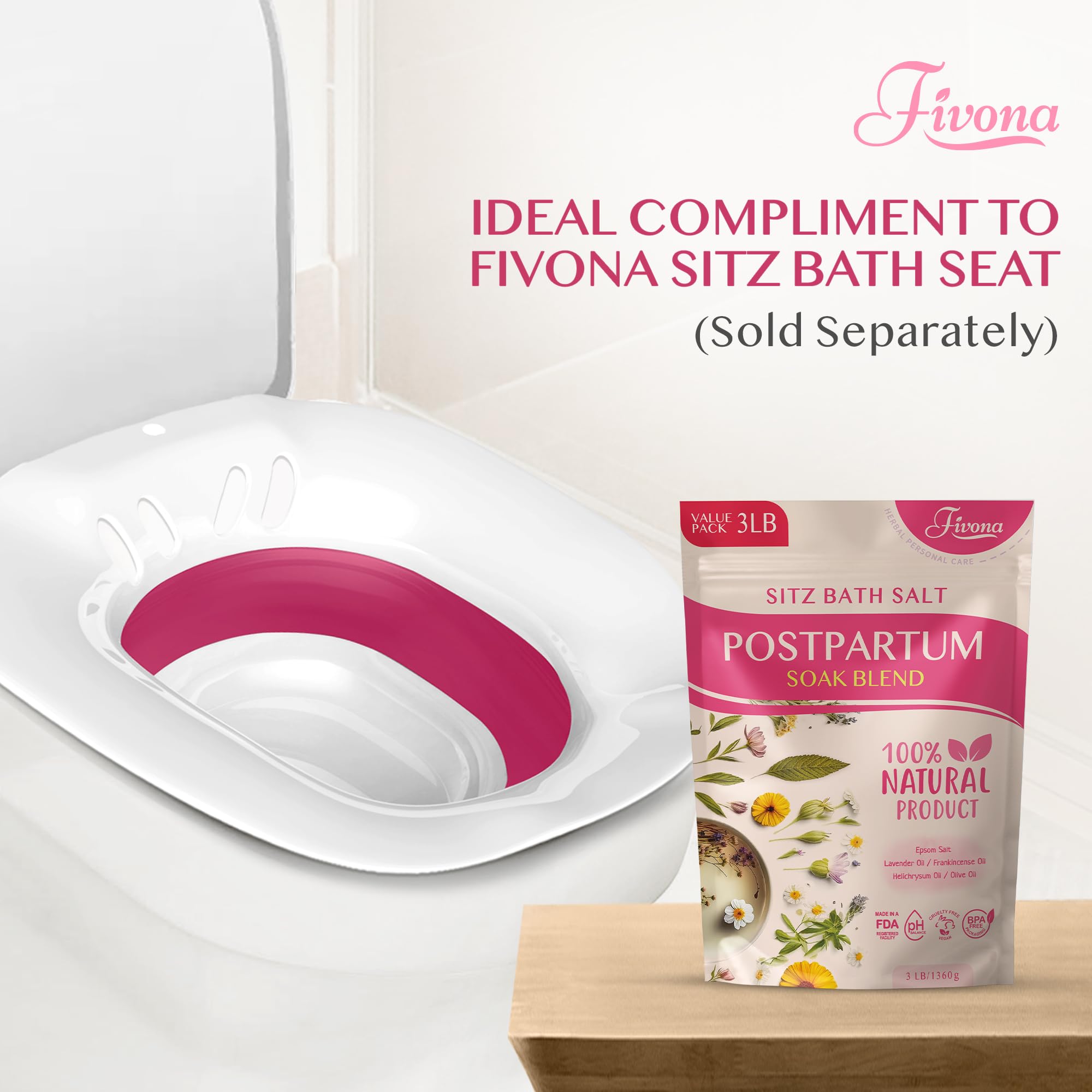 FIVONA Postpartum Soak Blend 48oz - Sitz Bath Salt Natural Soaking Blend - Epsom Salt with Pure Essentials Oils for Soothing Postpartum Recovery, Large Value Pack, Perineal Care