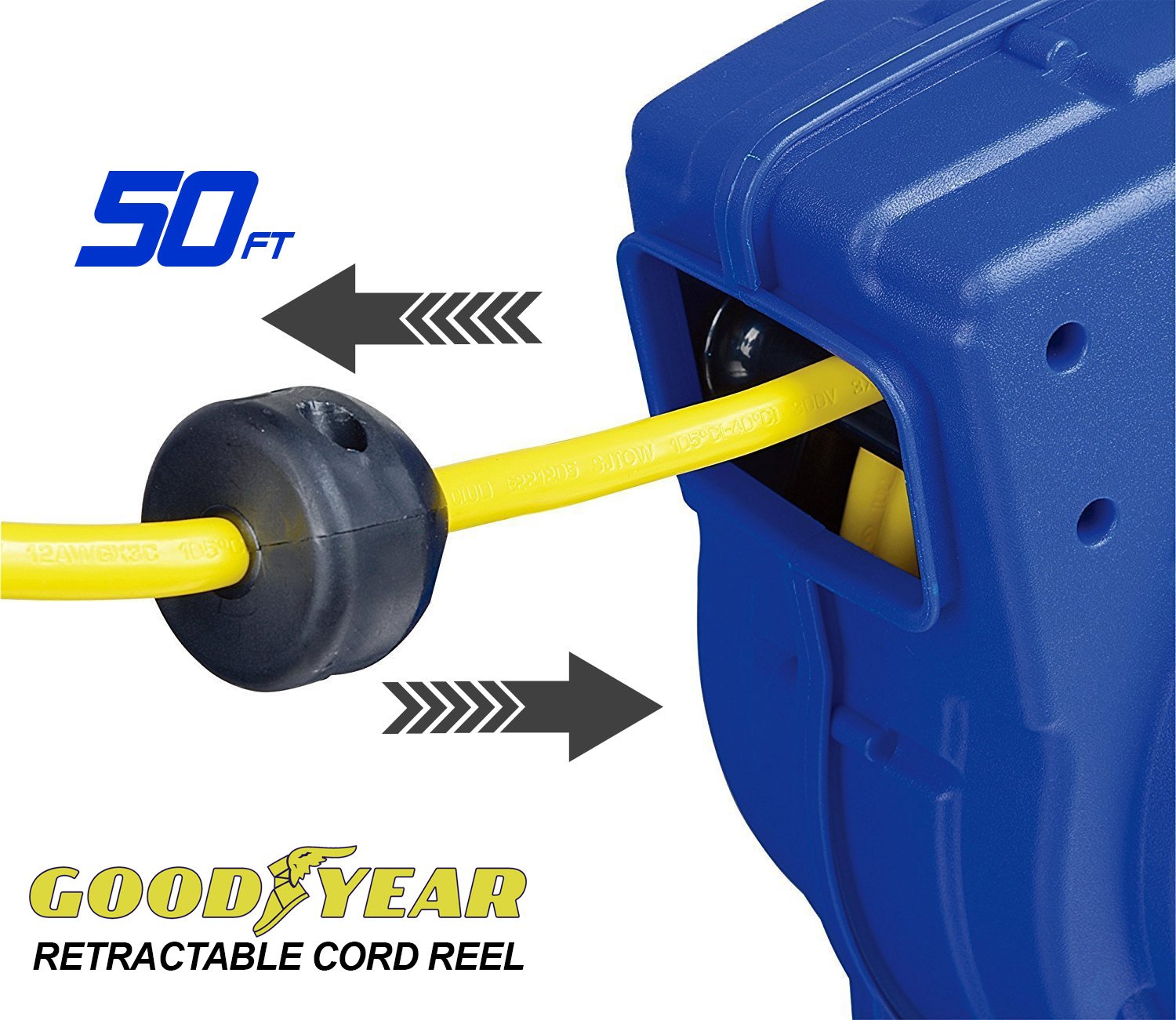 Goodyear Extension Cord Reel Retractable 16AWG x 50' Foot 3C/SJTOW Commercial Cable LED Triple Tap Connector Power 10A 125VAC 938W